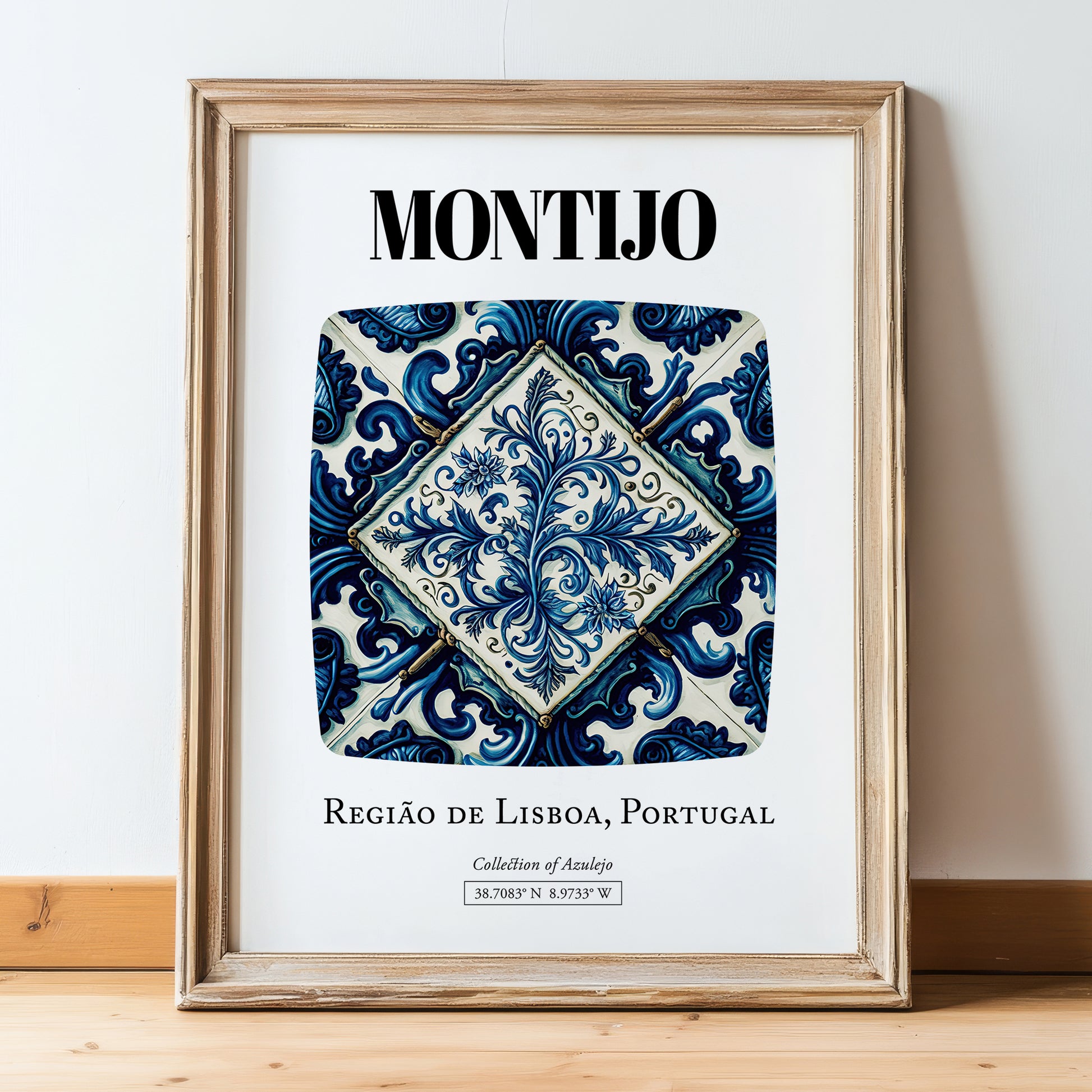 Montijo, Portugal – Travel Destination Art, in wooden frame leaning on the floor