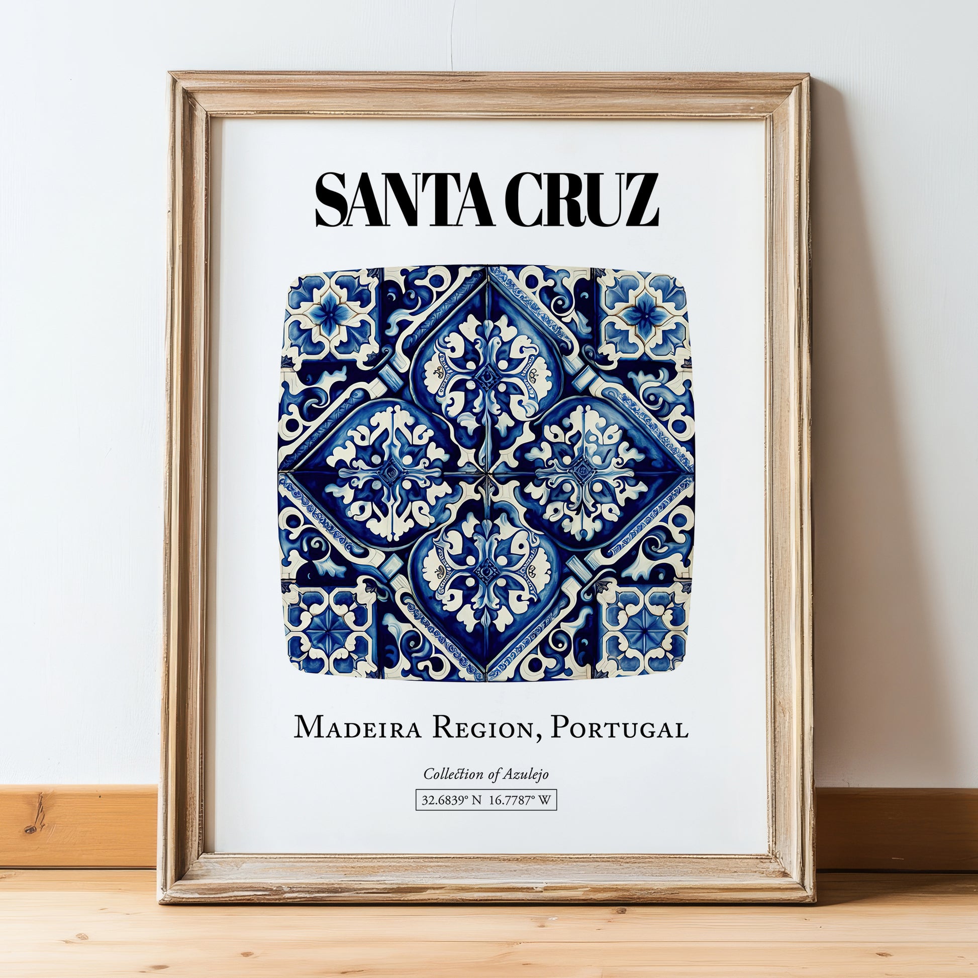 Santa Cruz, Portugal – Minimalist Travel Print, in wooden frame leaning on the floor