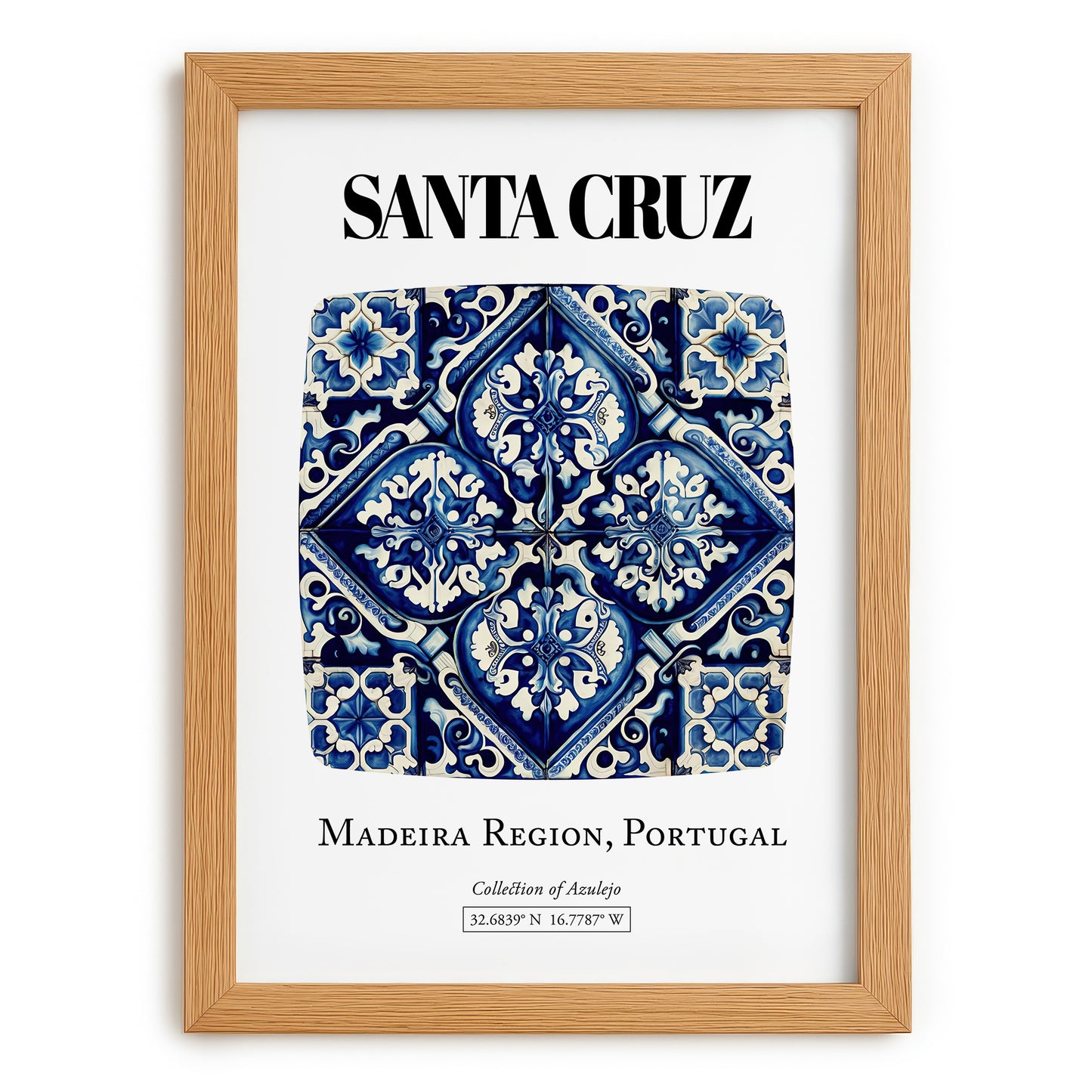 Santa Cruz, Portugal – Minimalist Travel Print, set in oak frame