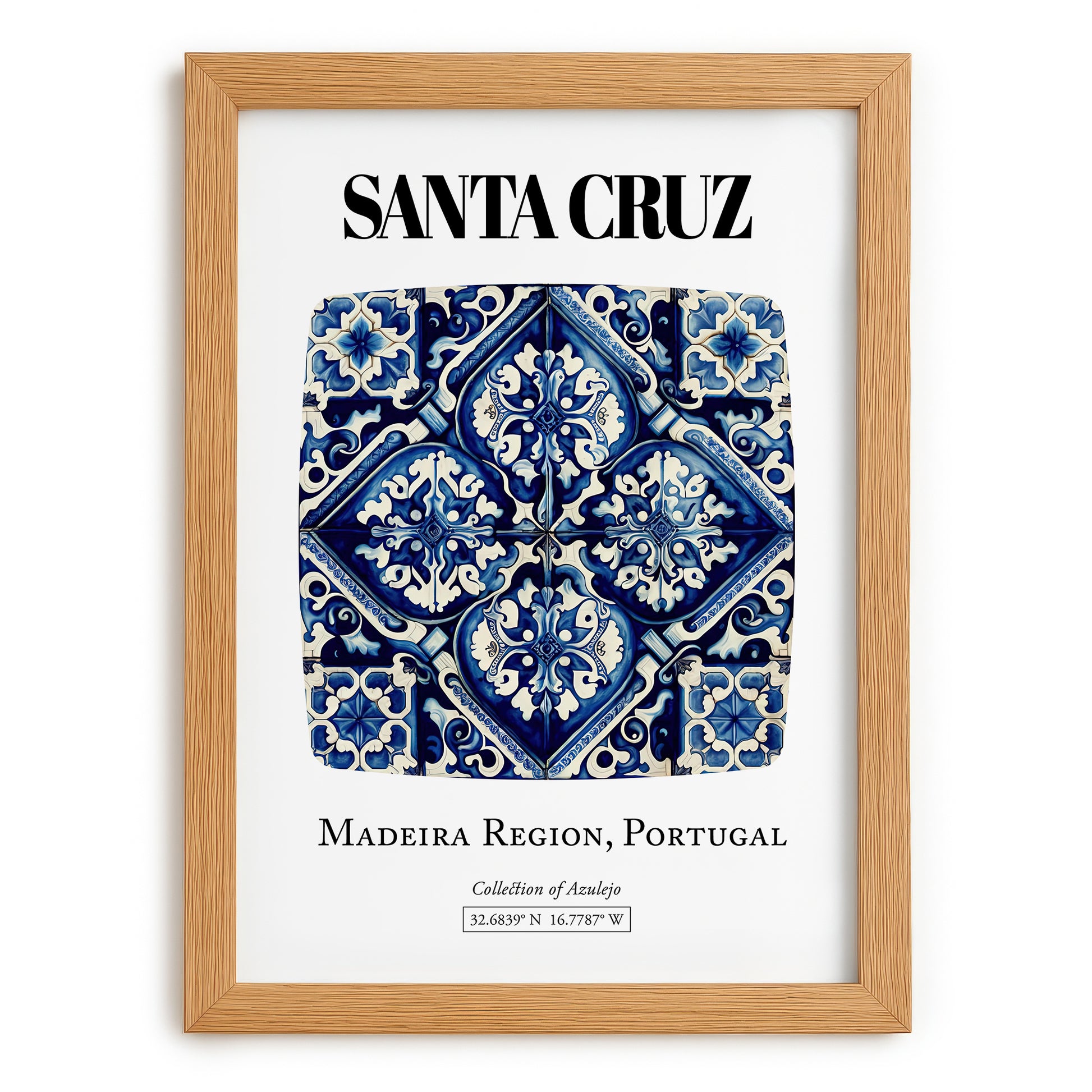 Santa Cruz, Portugal – Minimalist Travel Print, set in oak frame