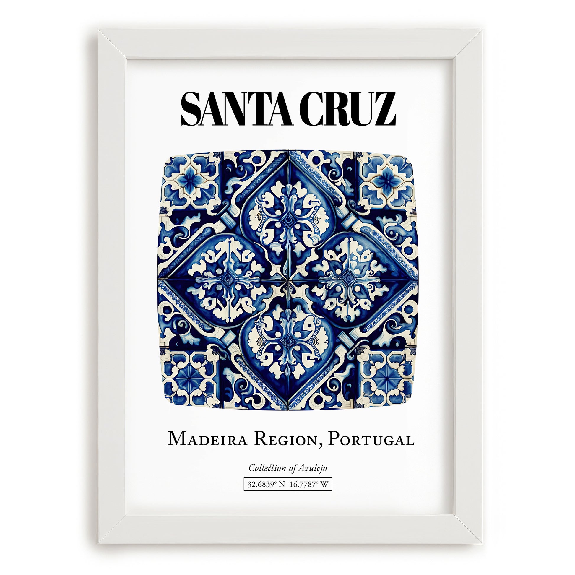 Santa Cruz, Portugal – Minimalist Travel Print, placed in minimal white frame