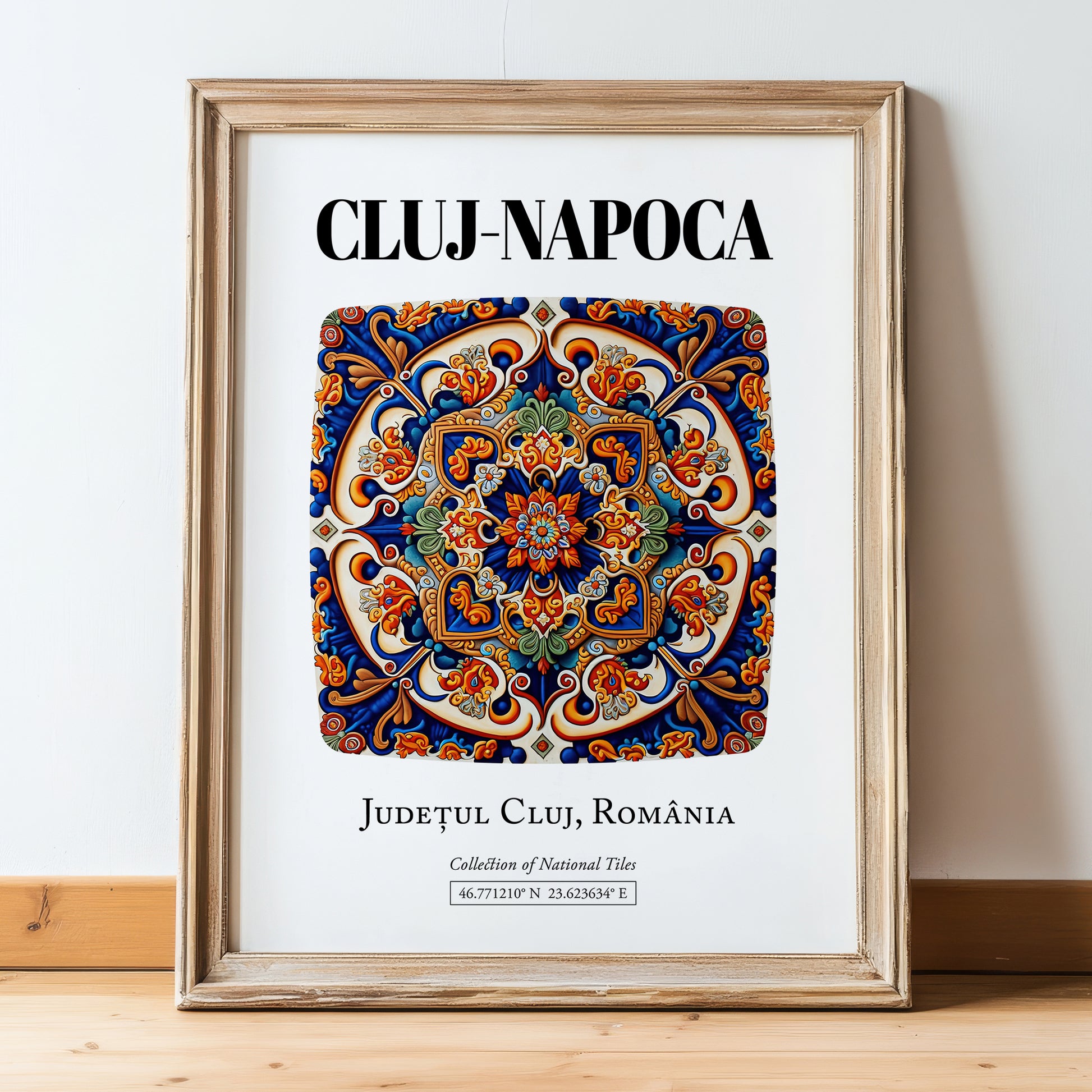 Cluj-napoca, Romania – Travel Print, in wooden frame leaning on the floor