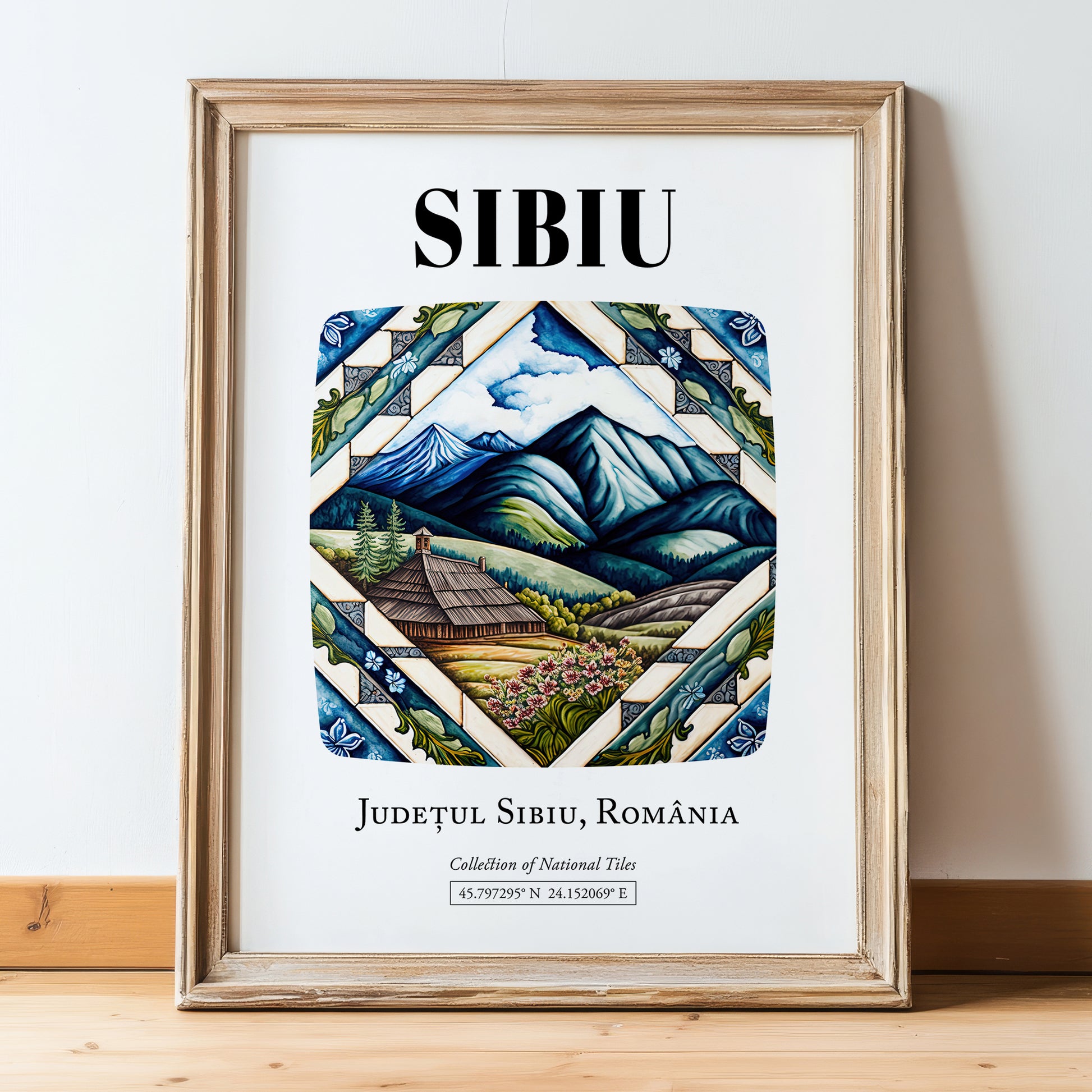 Sibiu, Romania – Travel Print, in wooden frame leaning on the floor
