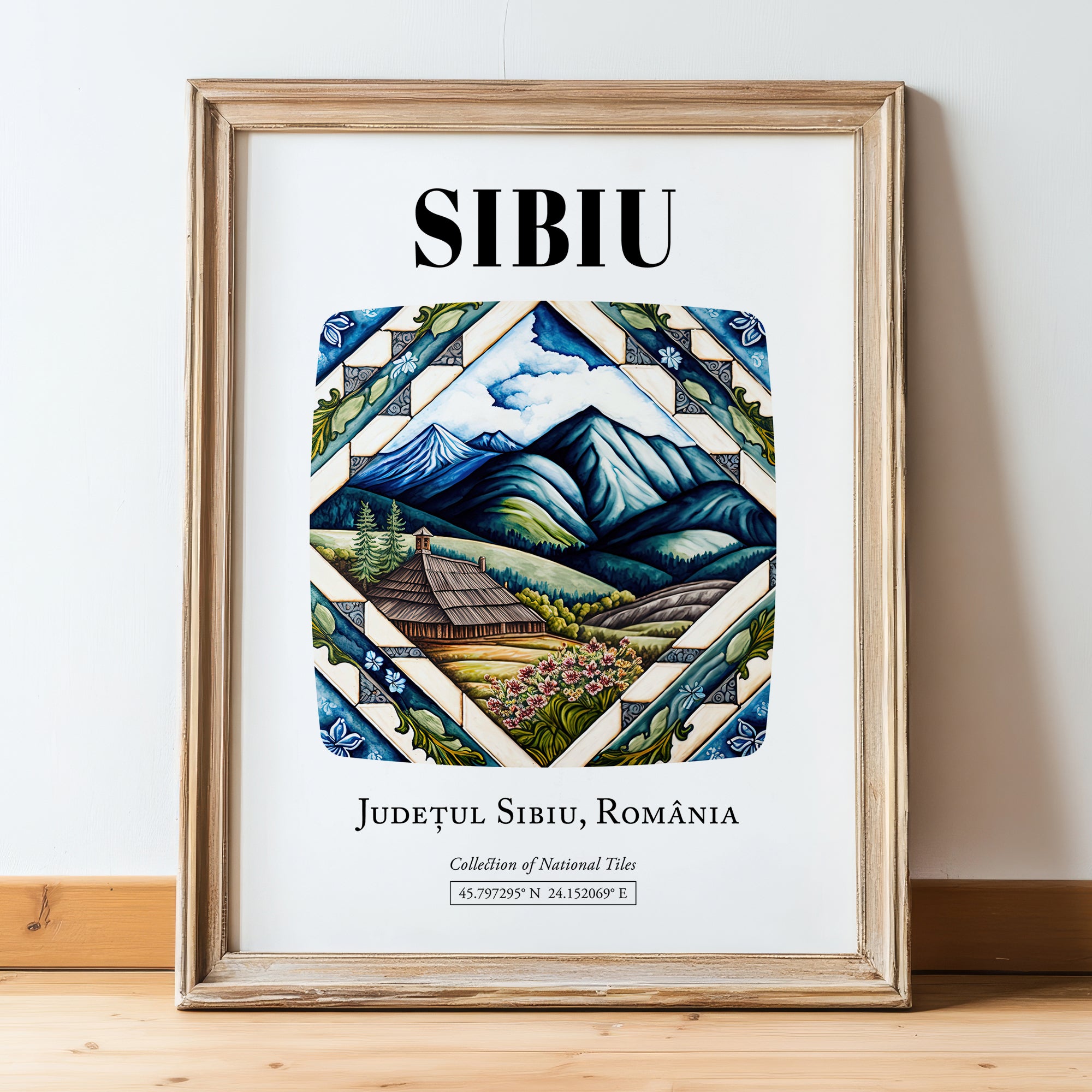 Sibiu, Romania – Travel Print, in wooden frame leaning on the floor