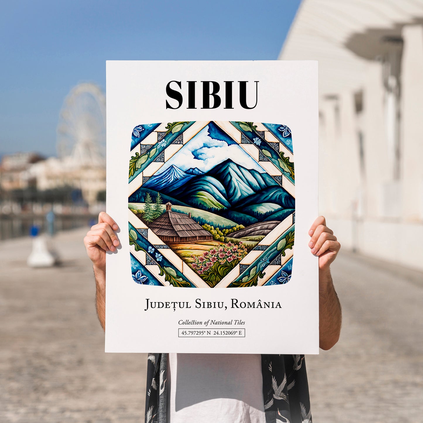 Sibiu, Romania – Travel Print, no-text version framed in wood