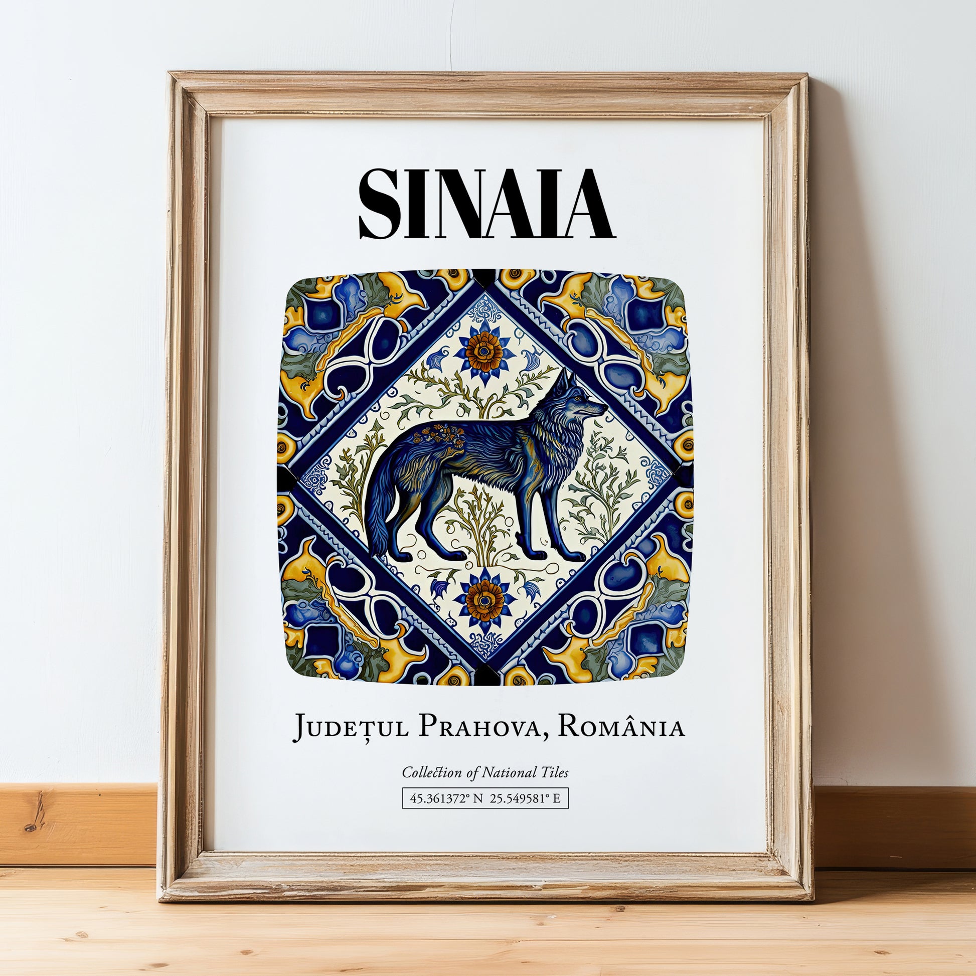 Sinaia, Romania – Travel Poster, in wooden frame leaning on the floor