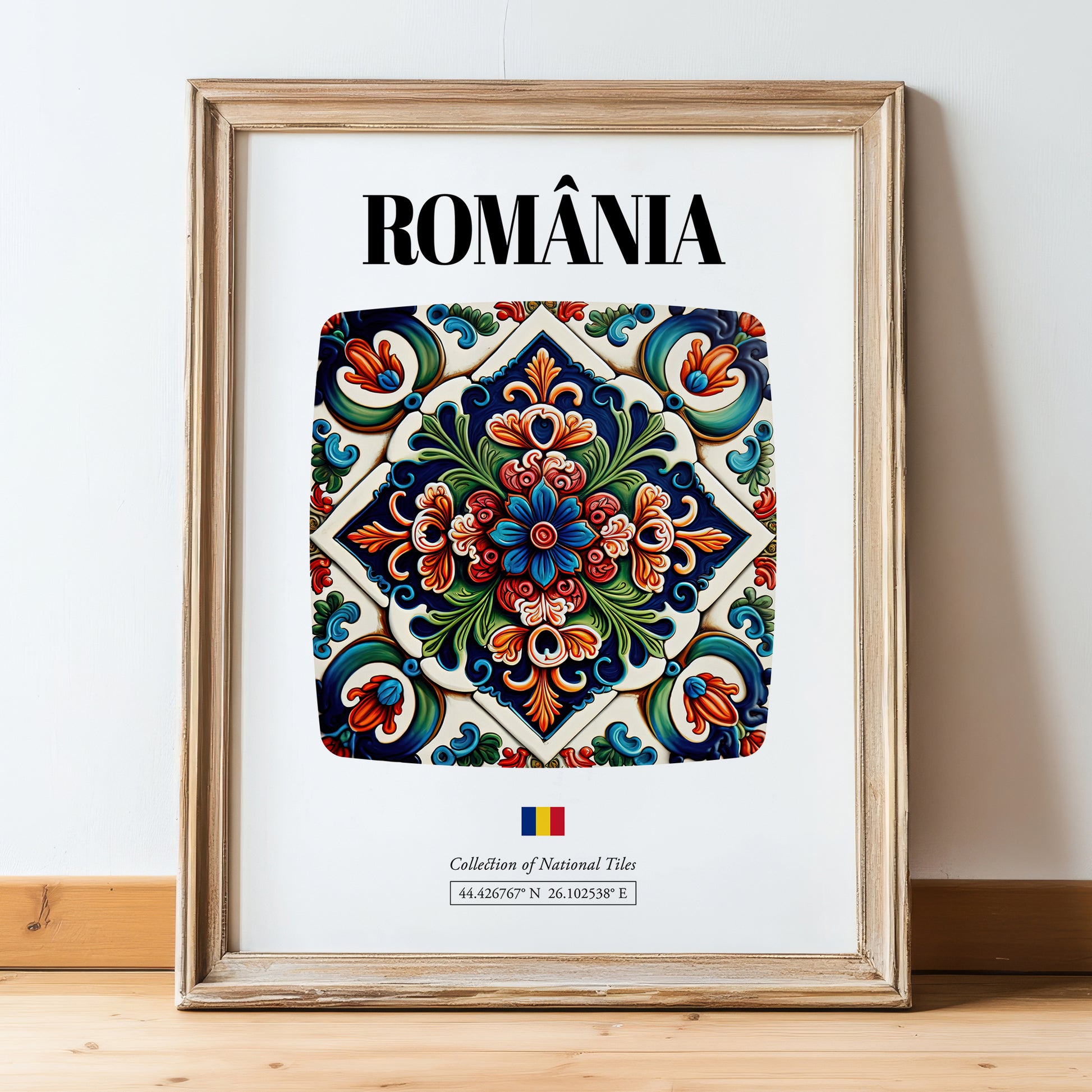 România, Romania – Illustrated Travel Poster, in wooden frame leaning on the floor