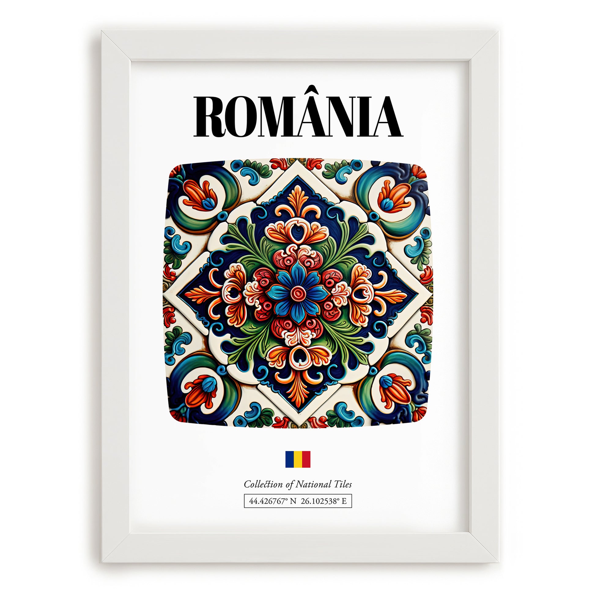 România, Romania – Illustrated Travel Poster, placed in minimal white frame
