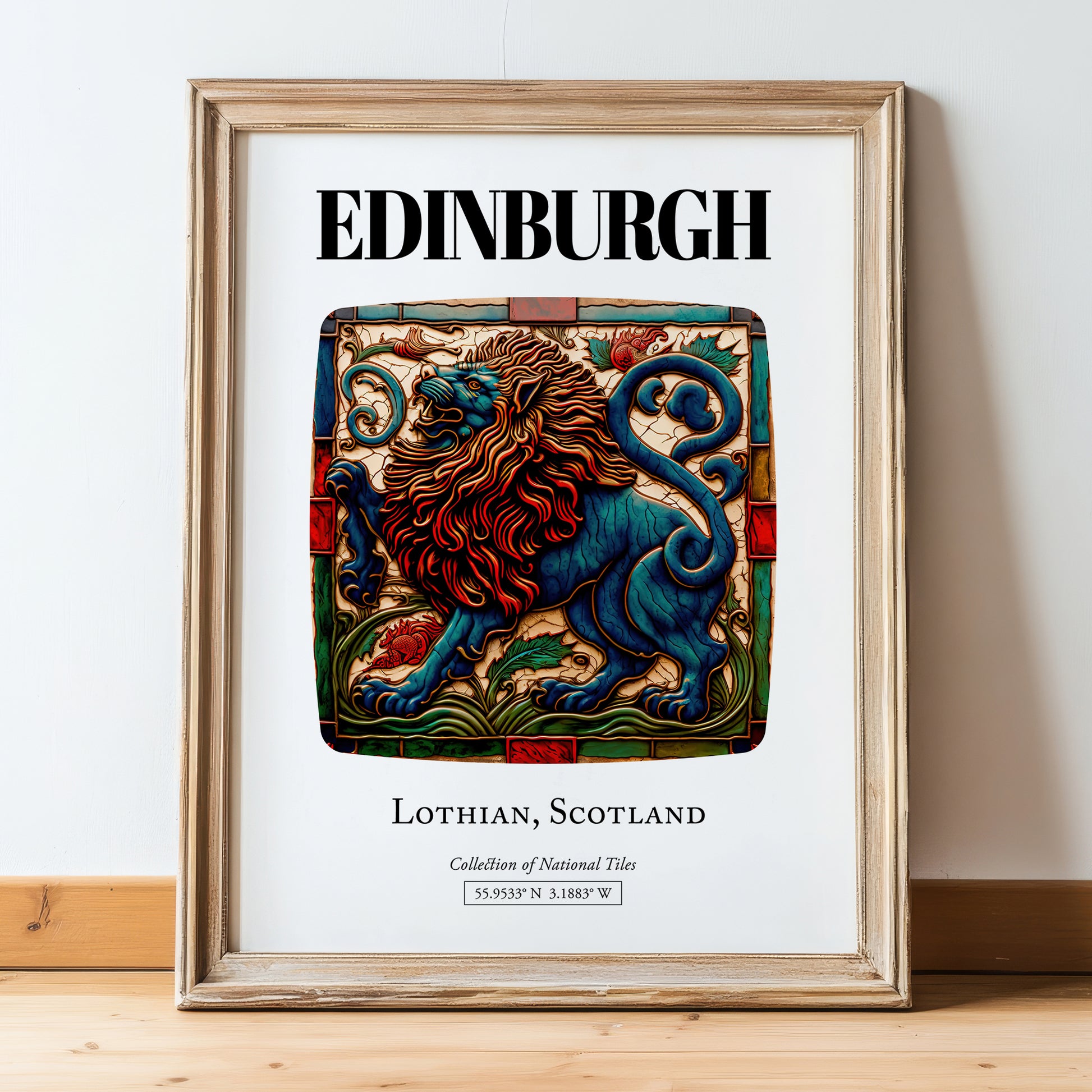 Edinburgh, Scotland – Travel Poster, in wooden frame leaning on the floor