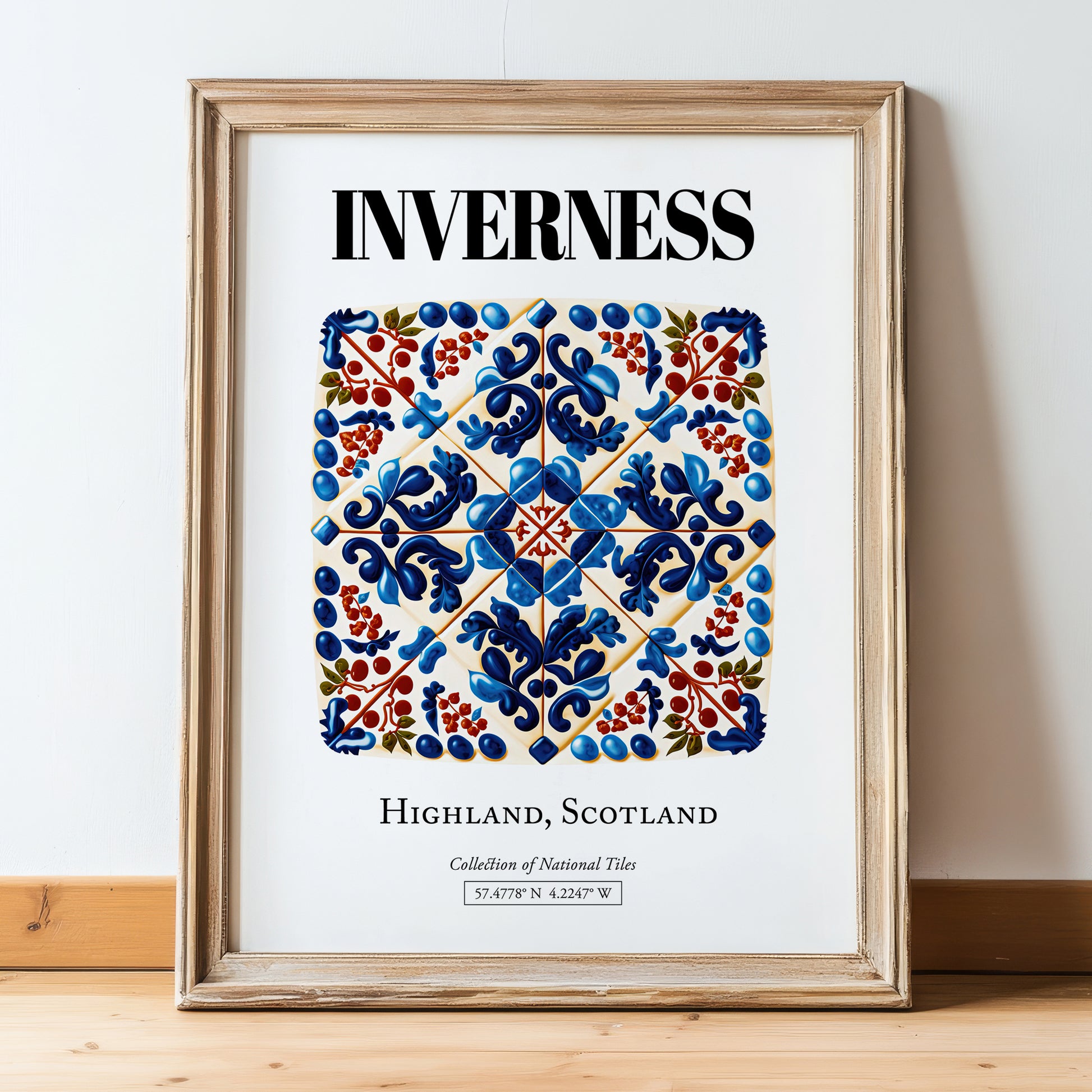 Inverness, Scotland – Cityscape Wall Art, in wooden frame leaning on the floor