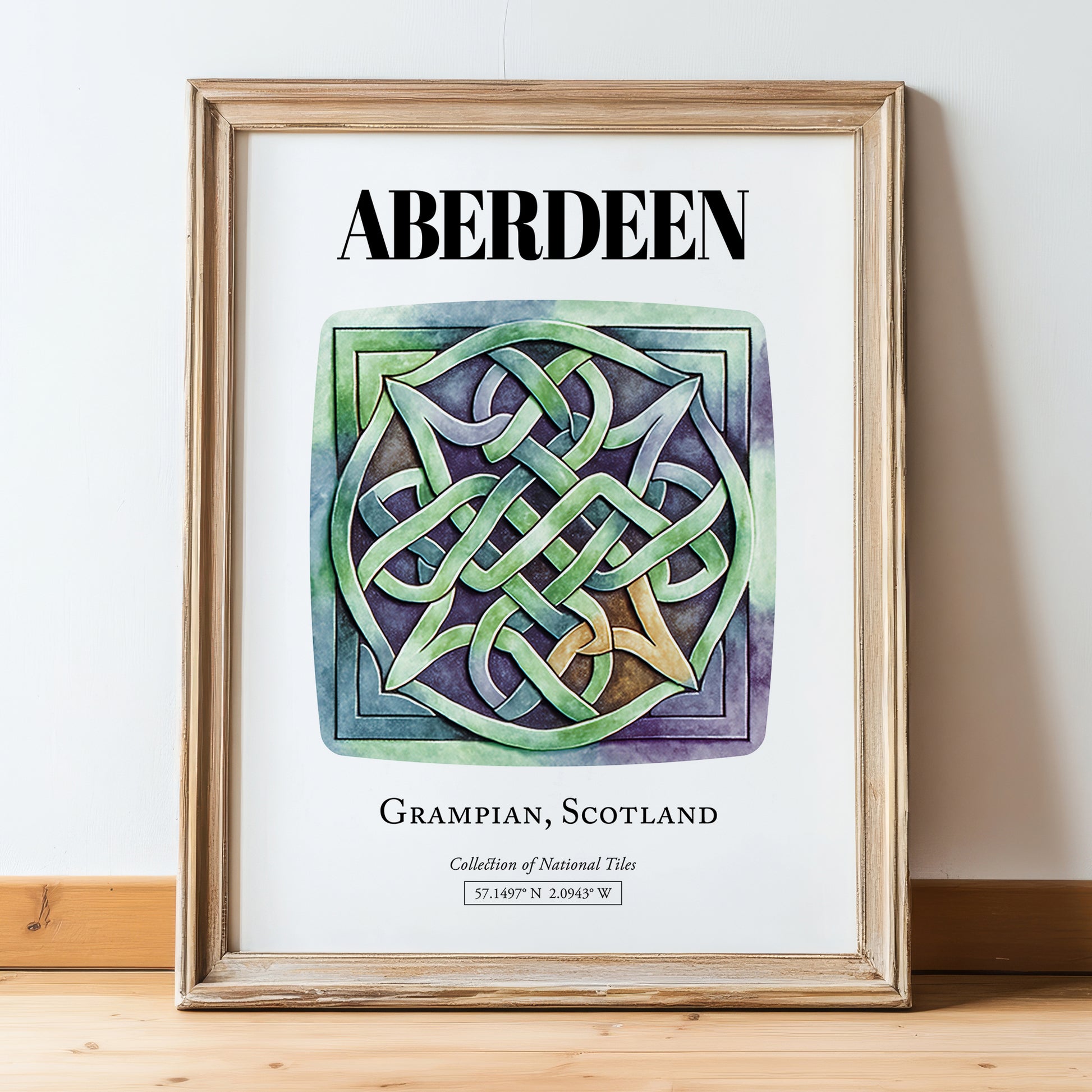 Aberdeen, Scotland – World Heritage Travel Poster, in wooden frame leaning on the floor
