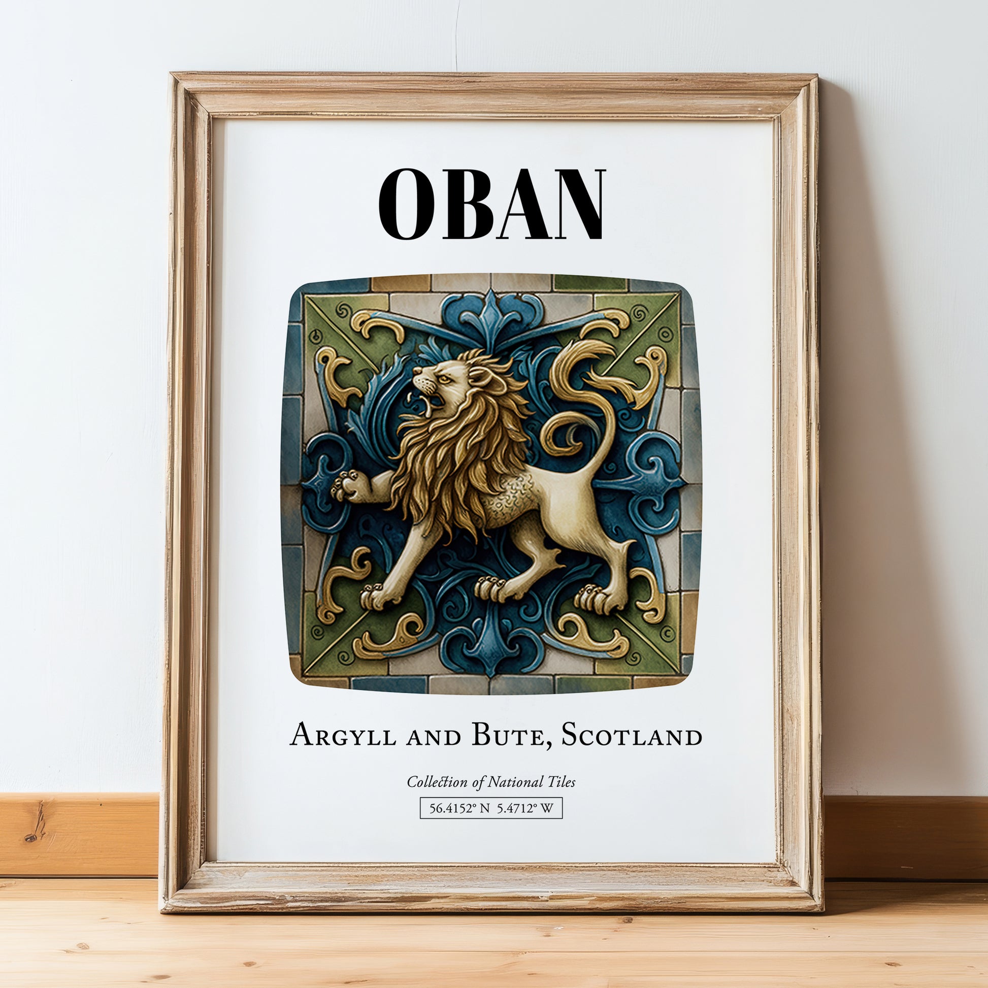 Oban, Scotland – Travel Wall Art, in wooden frame leaning on the floor