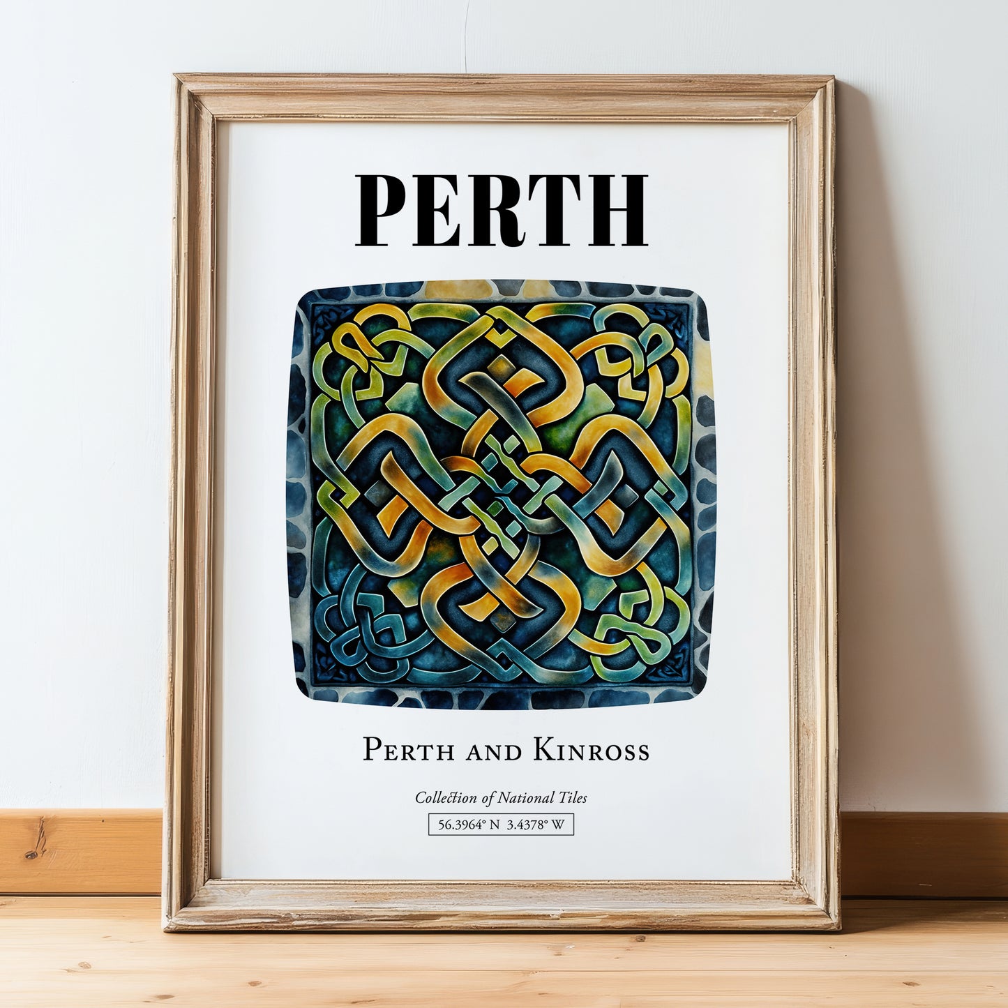 Perth, Scotland – Travel Poster, in wooden frame leaning on the floor