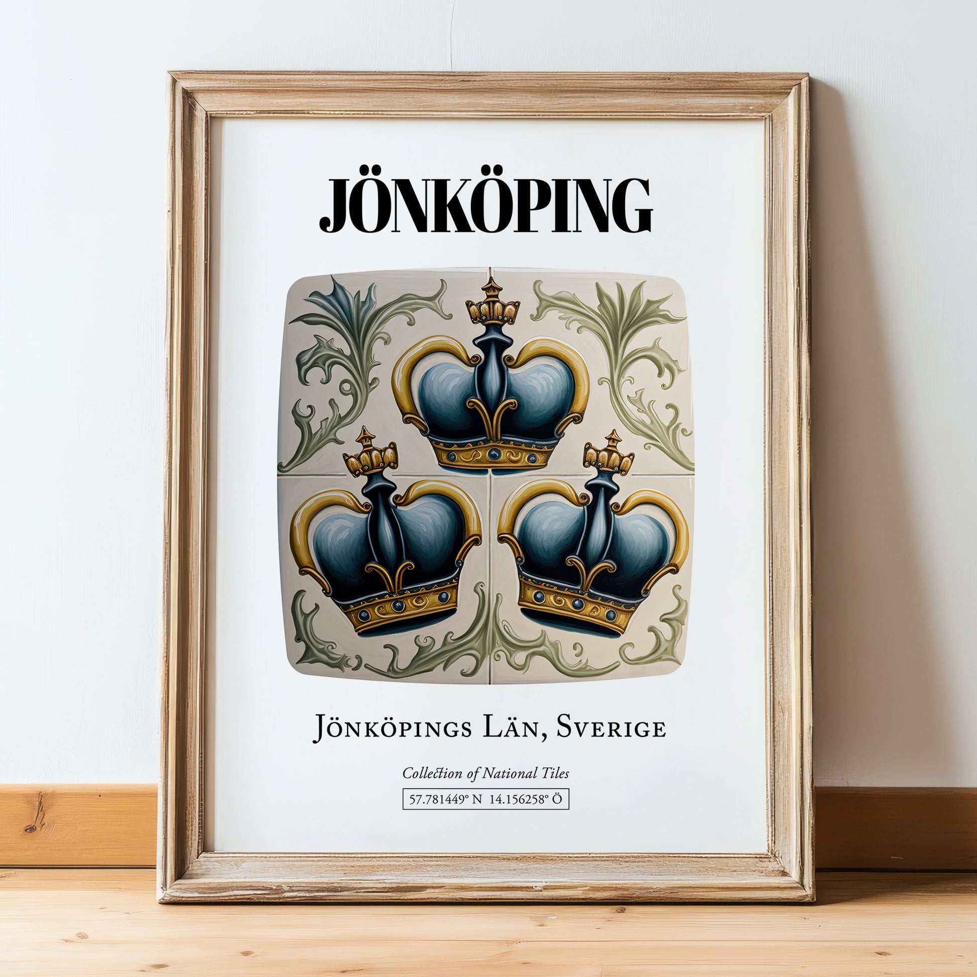 Jönköping, Sweden – Travel Print, in wooden frame leaning on the floor