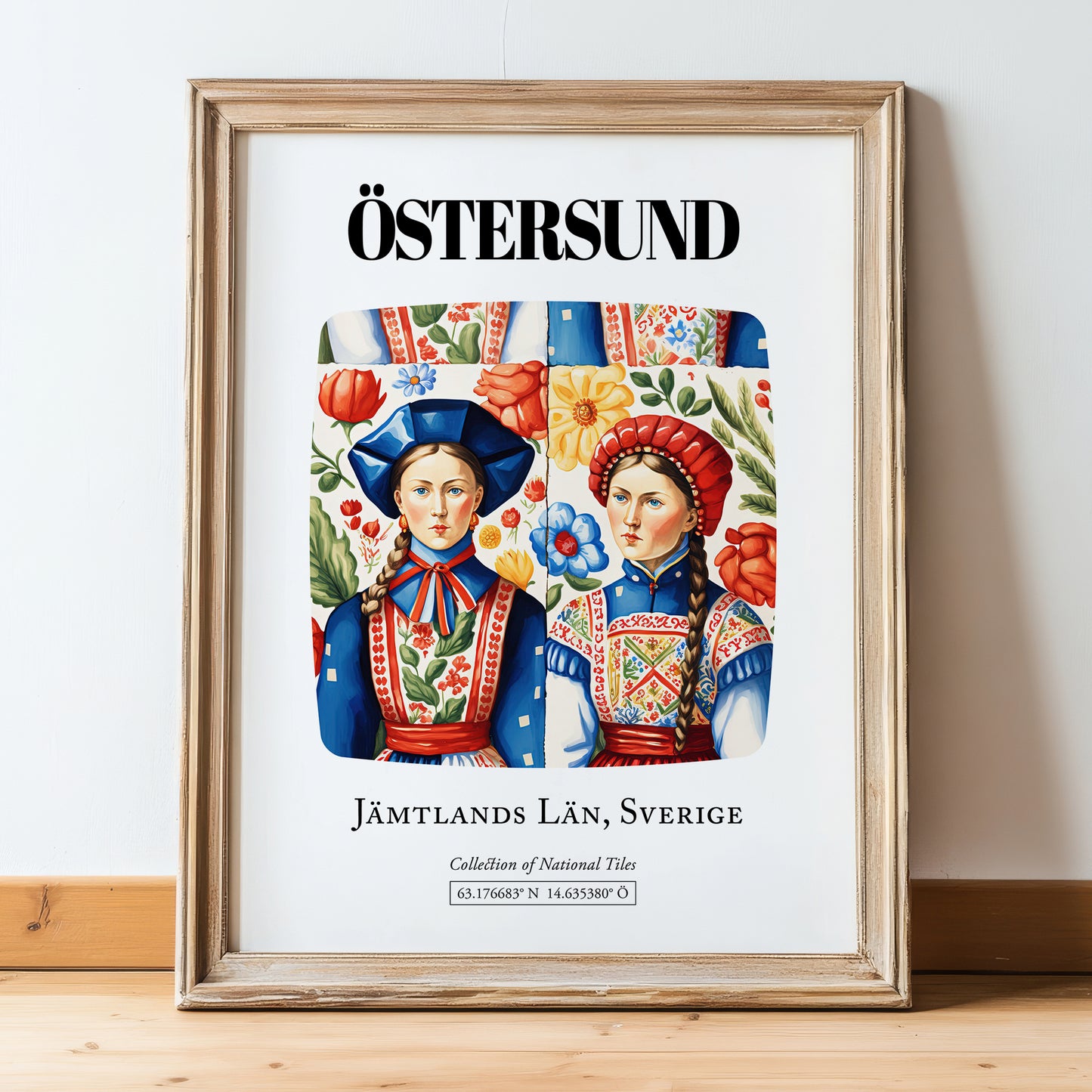 Östersund, Sweden – Travel Poster, in wooden frame leaning on the floor