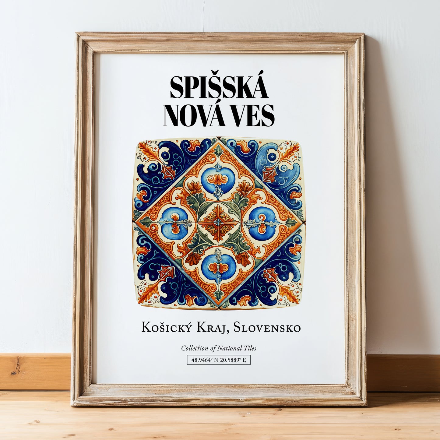 Spišská Nová Ves, Slovakia – Retro Travel Poster, in wooden frame leaning on the floor