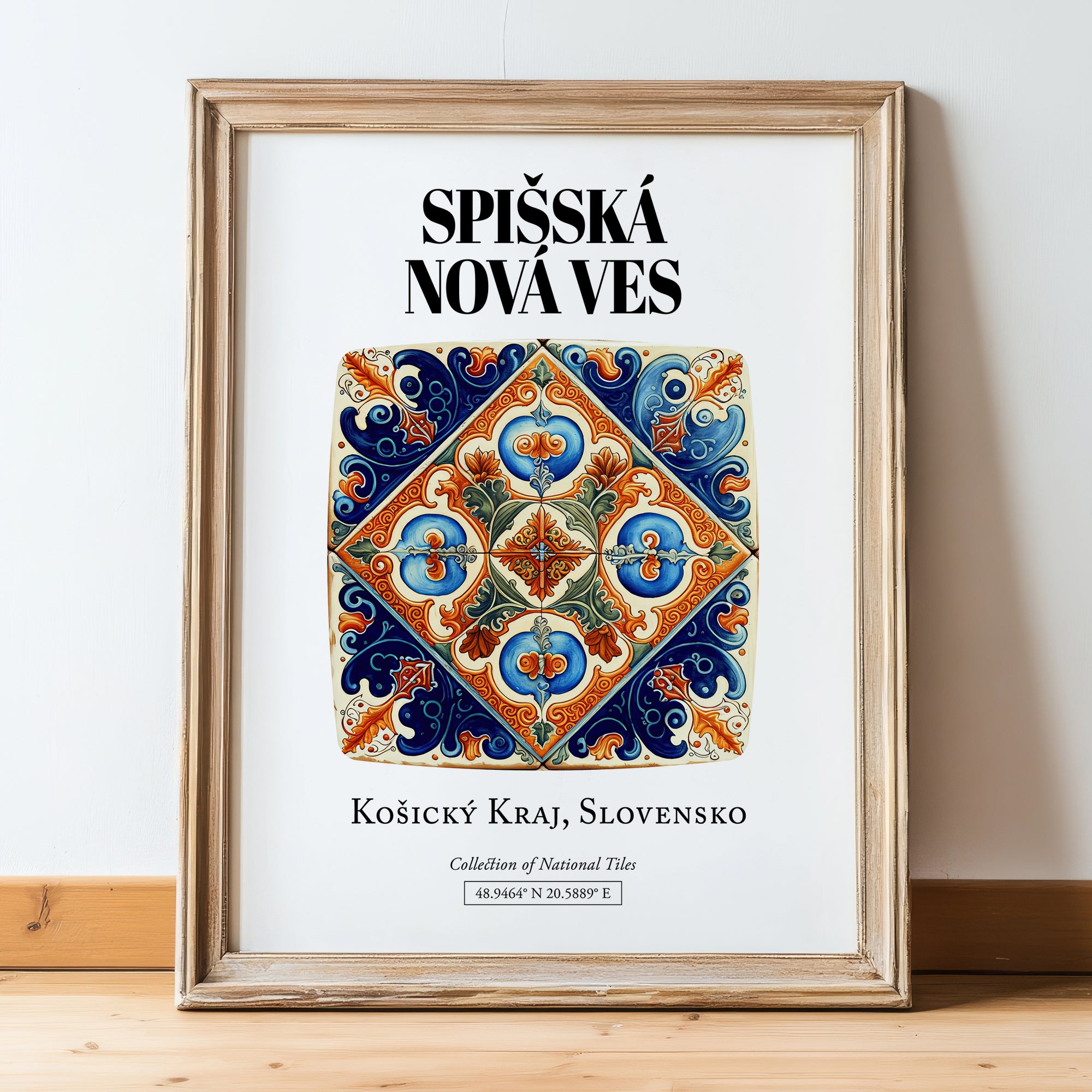 Spišská Nová Ves, Slovakia – Retro Travel Poster, in wooden frame leaning on the floor