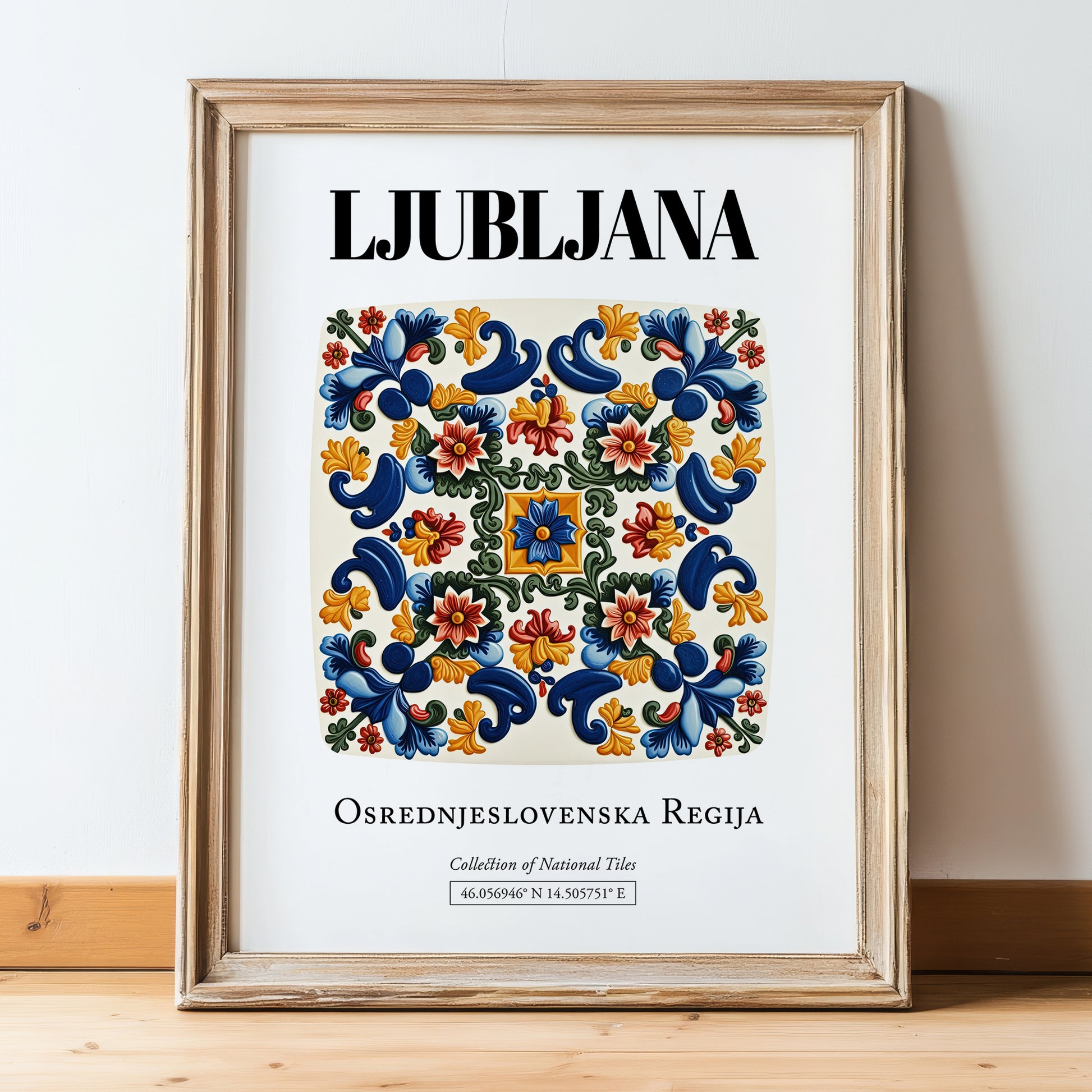 Ljubljana, Slovenia – Architectural Travel Art, in wooden frame leaning on the floor
