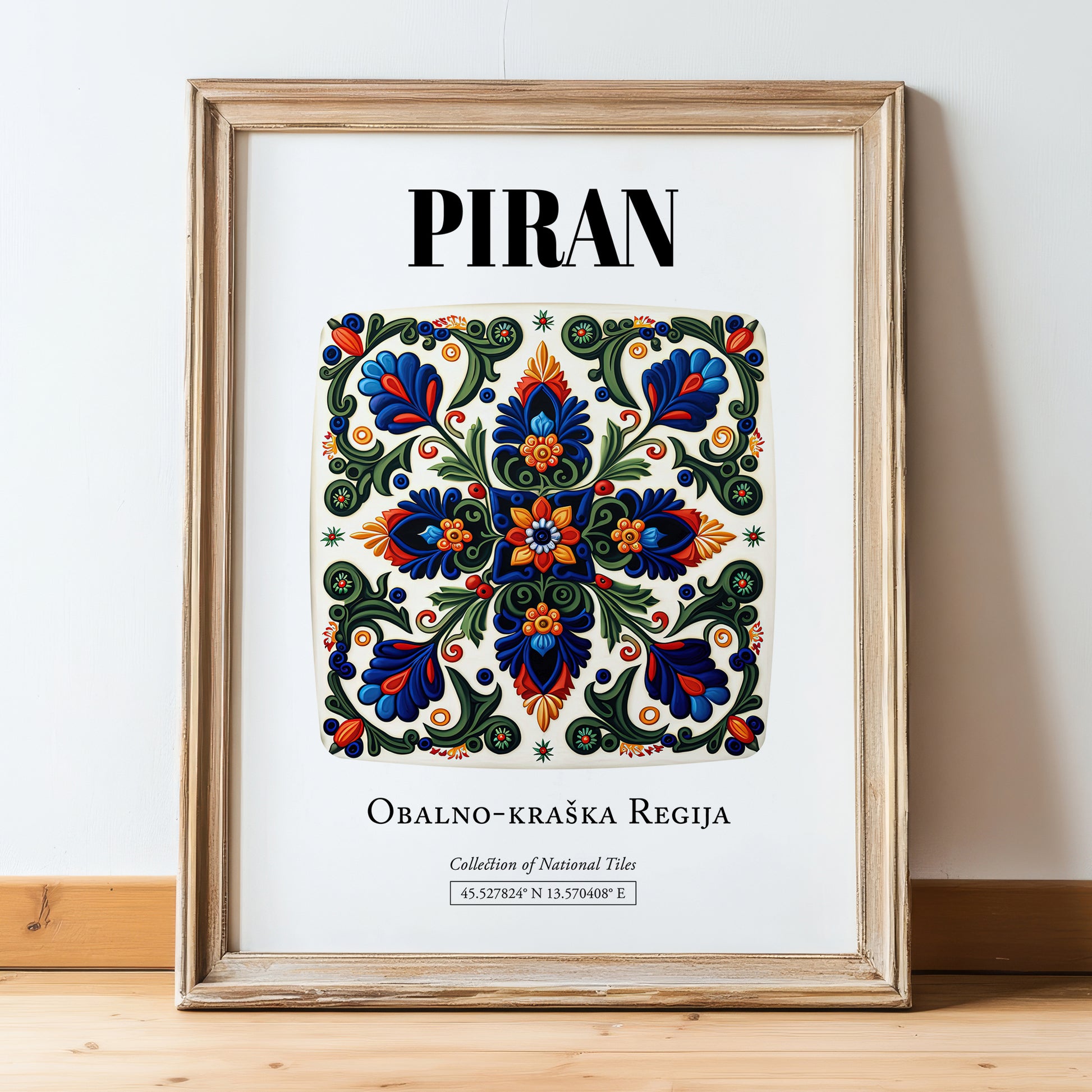 Piran, Slovenia – Travel Poster, in wooden frame leaning on the floor