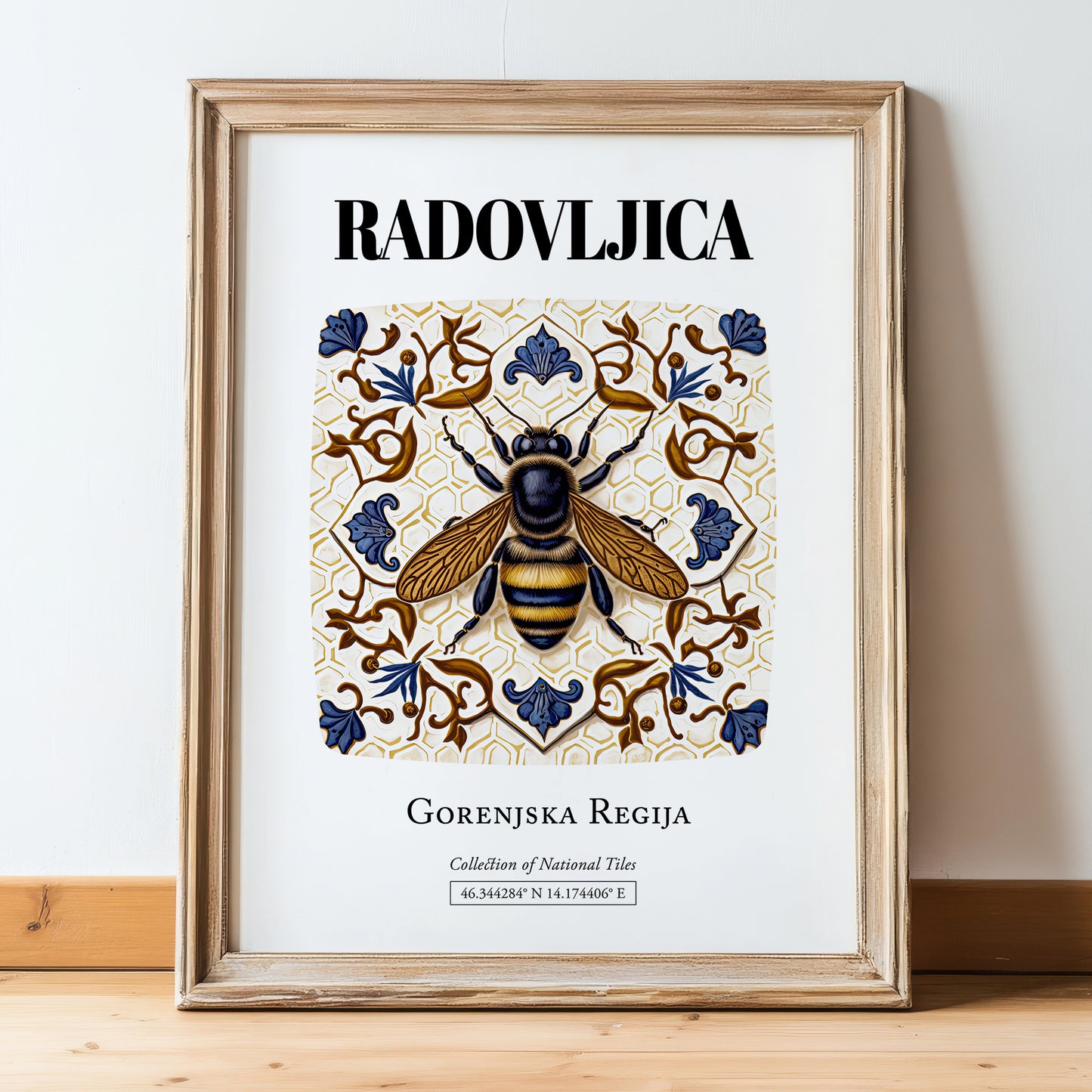 Radovljica, Slovenia – Away From Home Poster, in wooden frame leaning on the floor