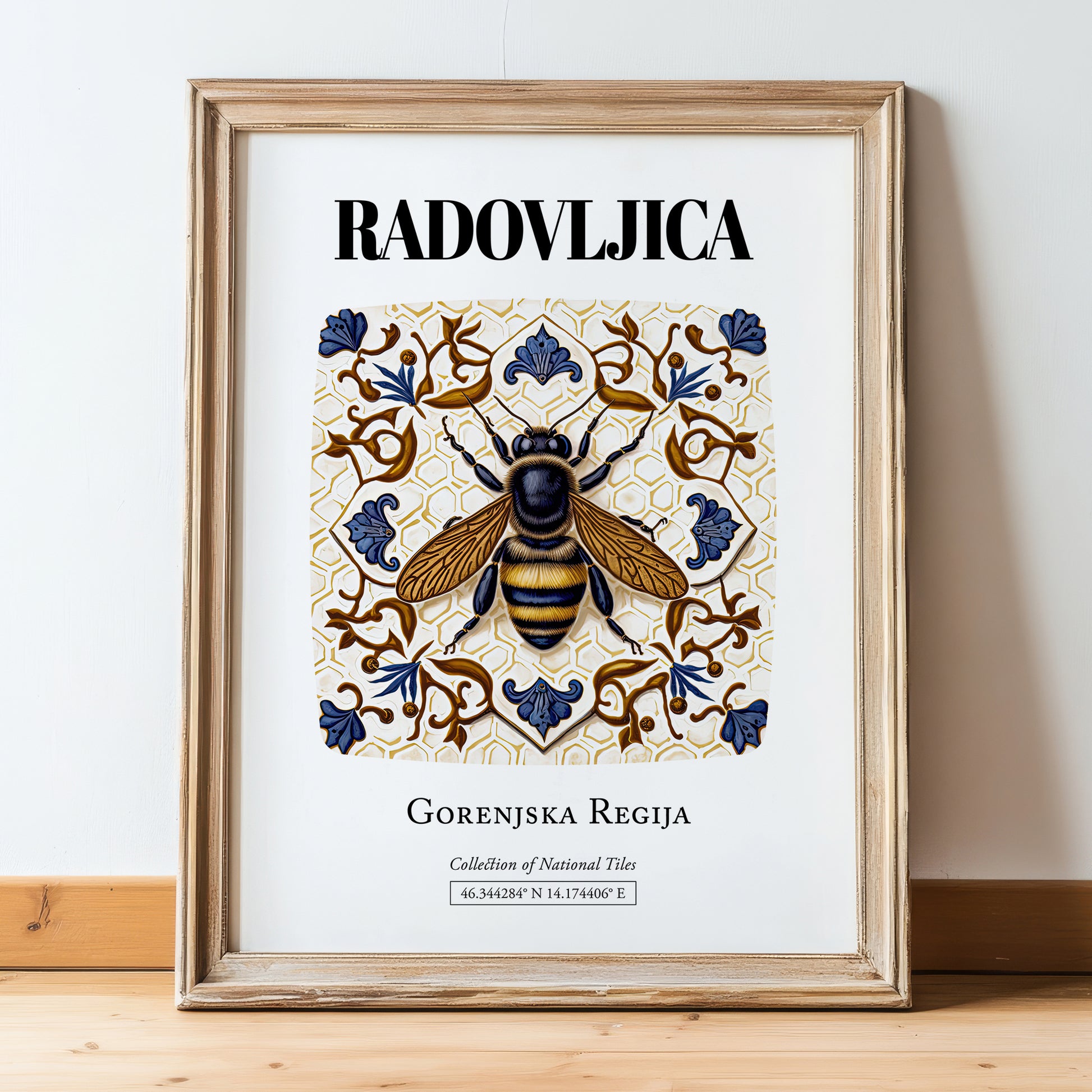 Radovljica, Slovenia – Away From Home Poster, in wooden frame leaning on the floor