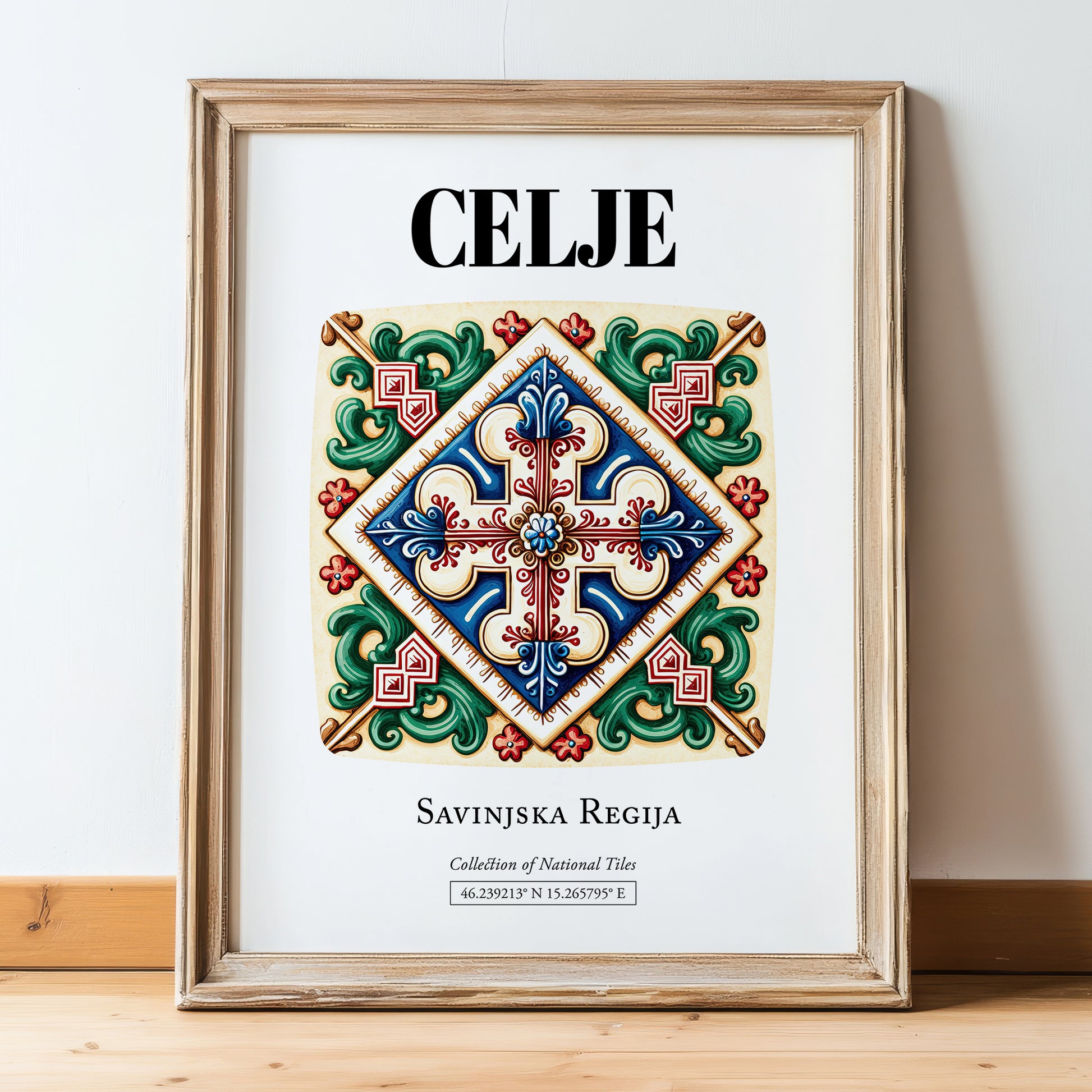 Celje, Slovenia – Minimalist Travel Print, in wooden frame leaning on the floor