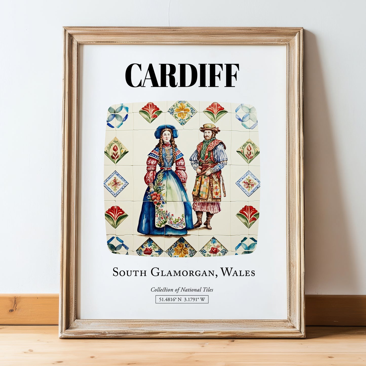 Cardiff, Wales – Travel Print, in wooden frame leaning on the floor
