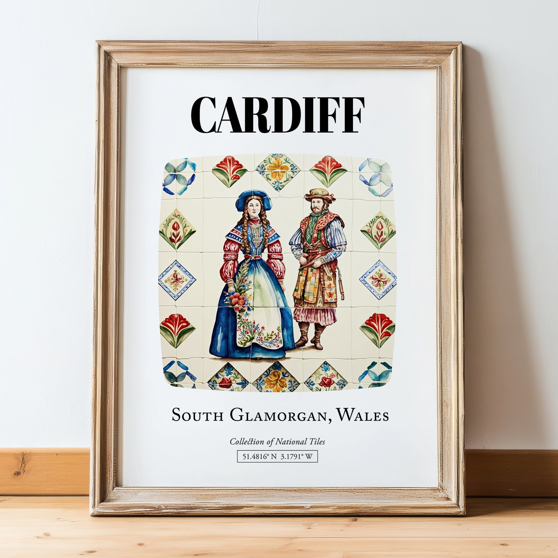 Cardiff, Wales – Travel Print, in wooden frame leaning on the floor