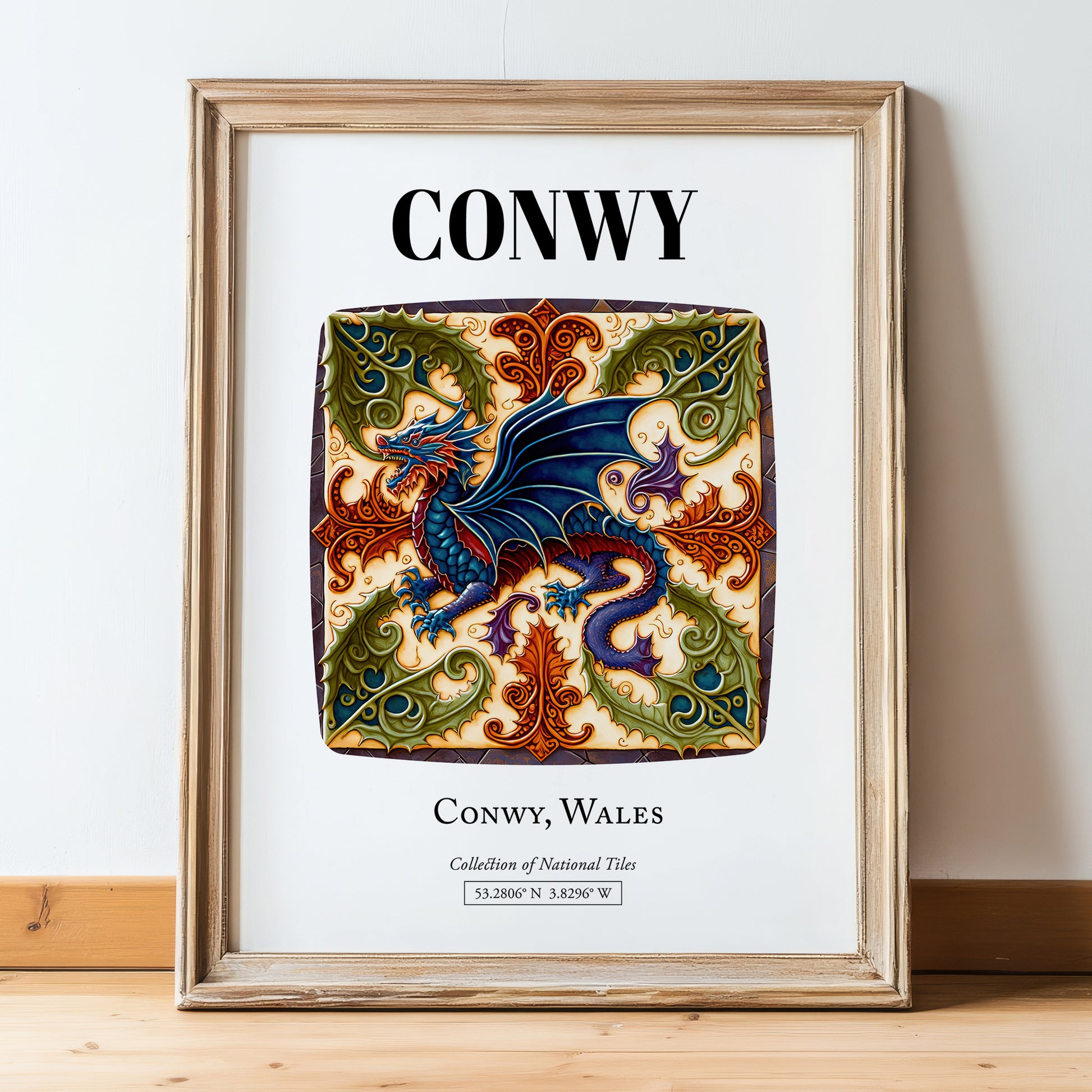 Conwy, Wales – Travel Poster, in wooden frame leaning on the floor