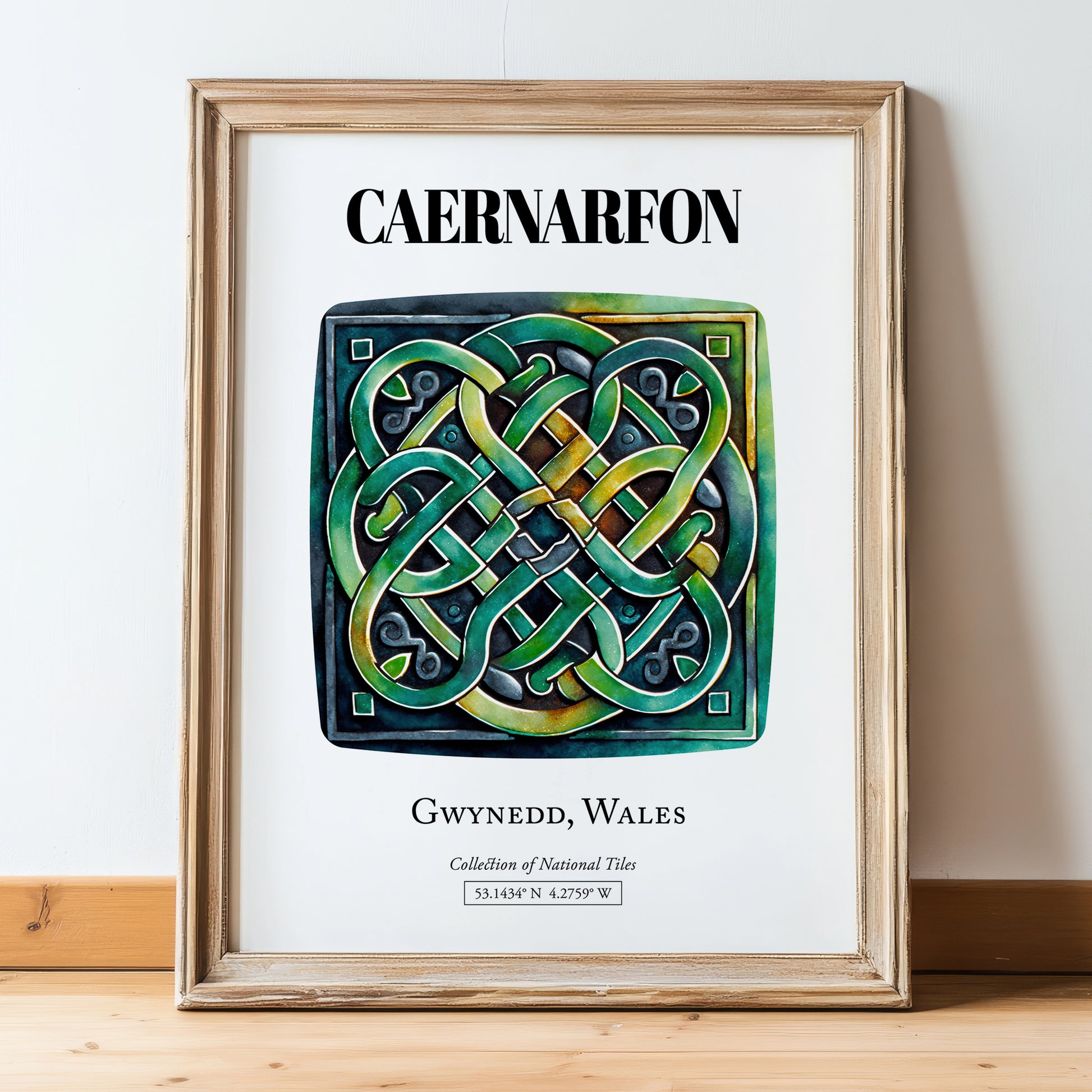 Caernarfon, Wales – Travel Poster, in wooden frame leaning on the floor