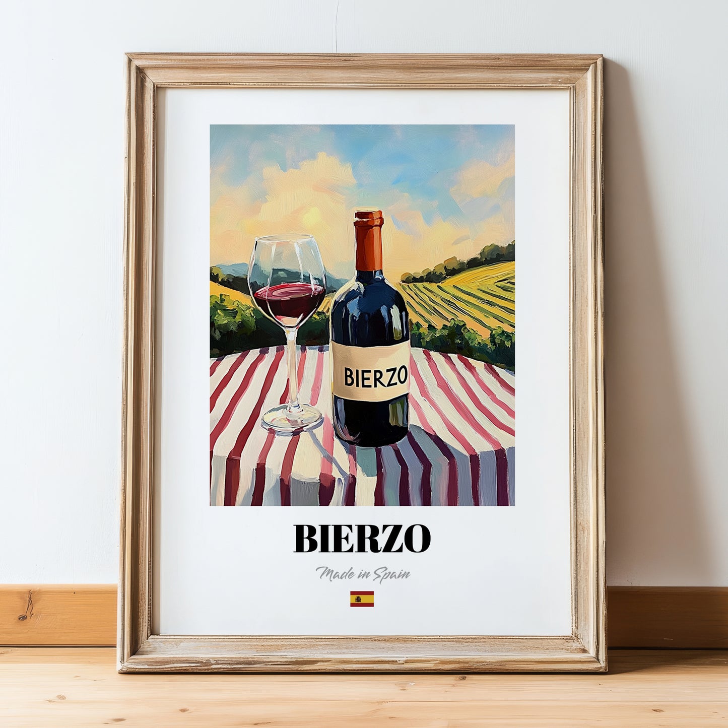 Bierzo – Spanish Red Wine, Vineyard Terrace Poster, in wooden frame leaning on the floor