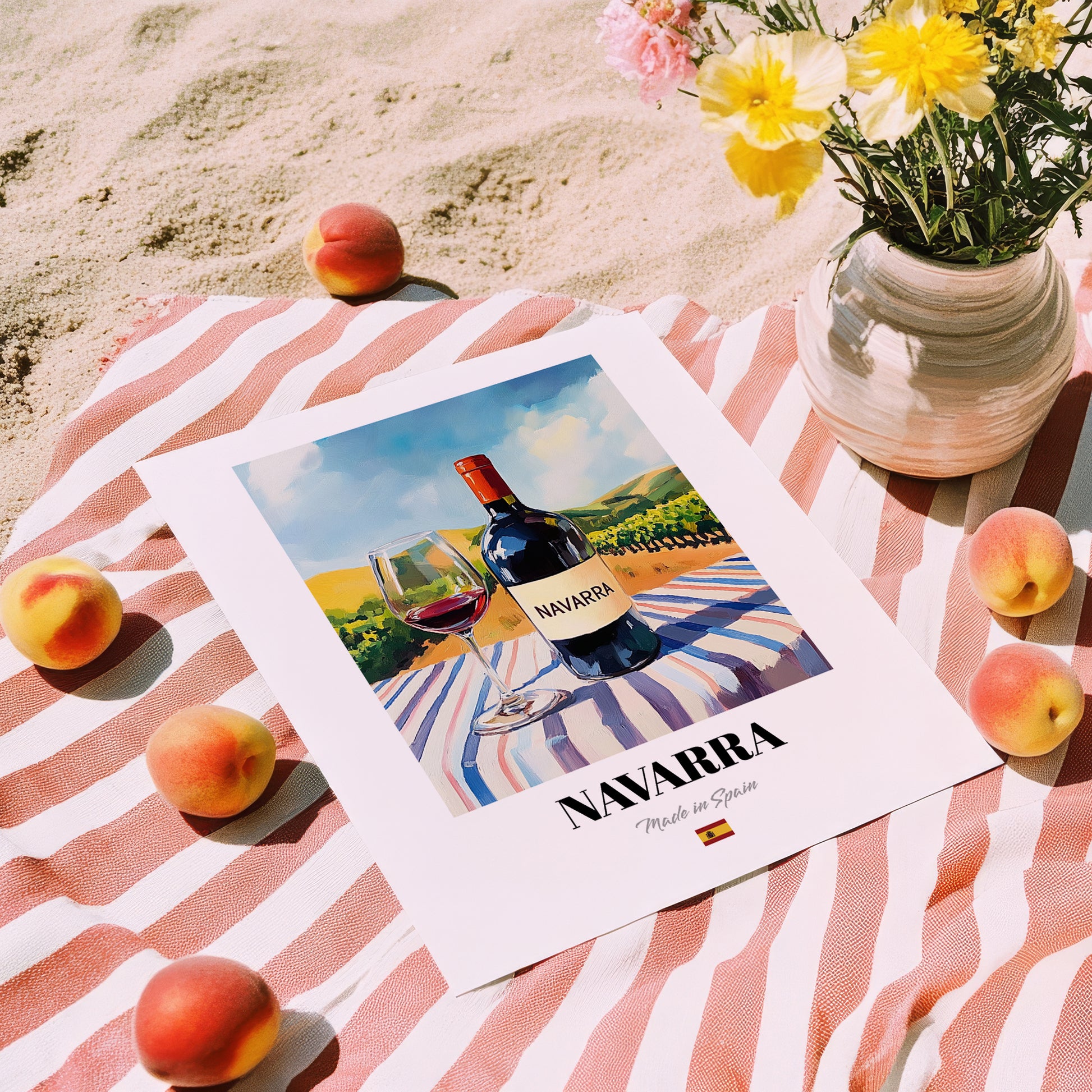 Navarra – Spanish Red Wine, Wine Bar Art, unframed on coastal sand