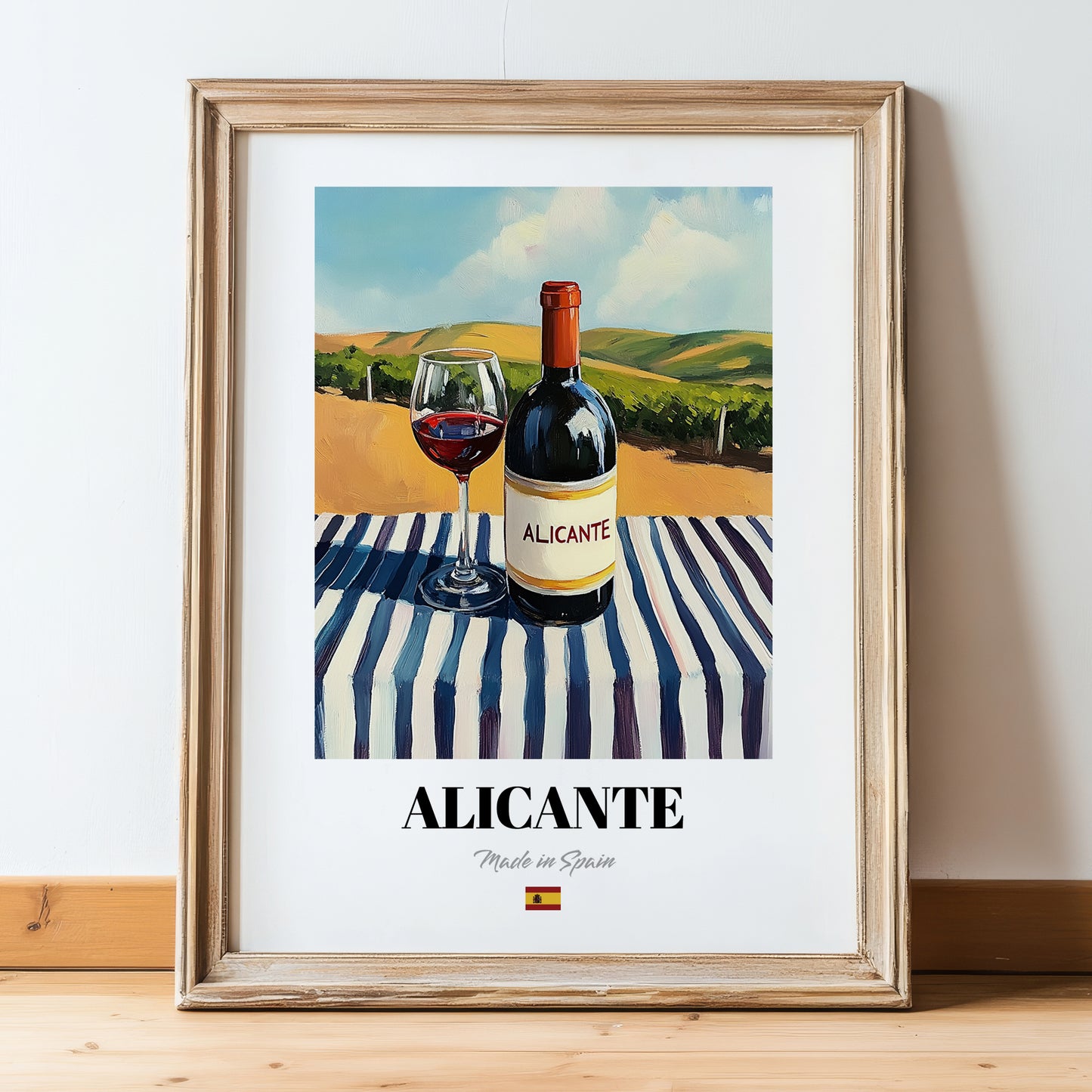 Alicante – Spanish Red Wine, Bodega Poster, in wooden frame leaning on the floor