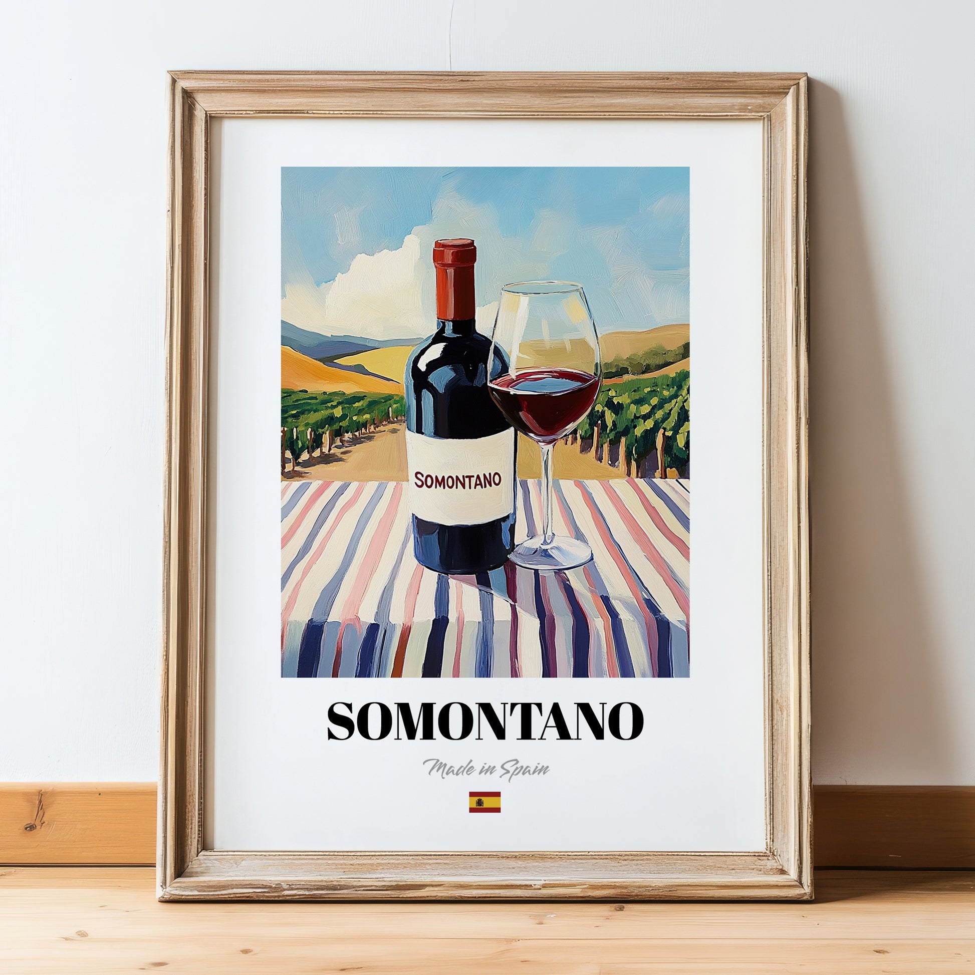 Somontano – Spanish Red Wine, Vineyard Terrace Poster, in wooden frame leaning on the floor