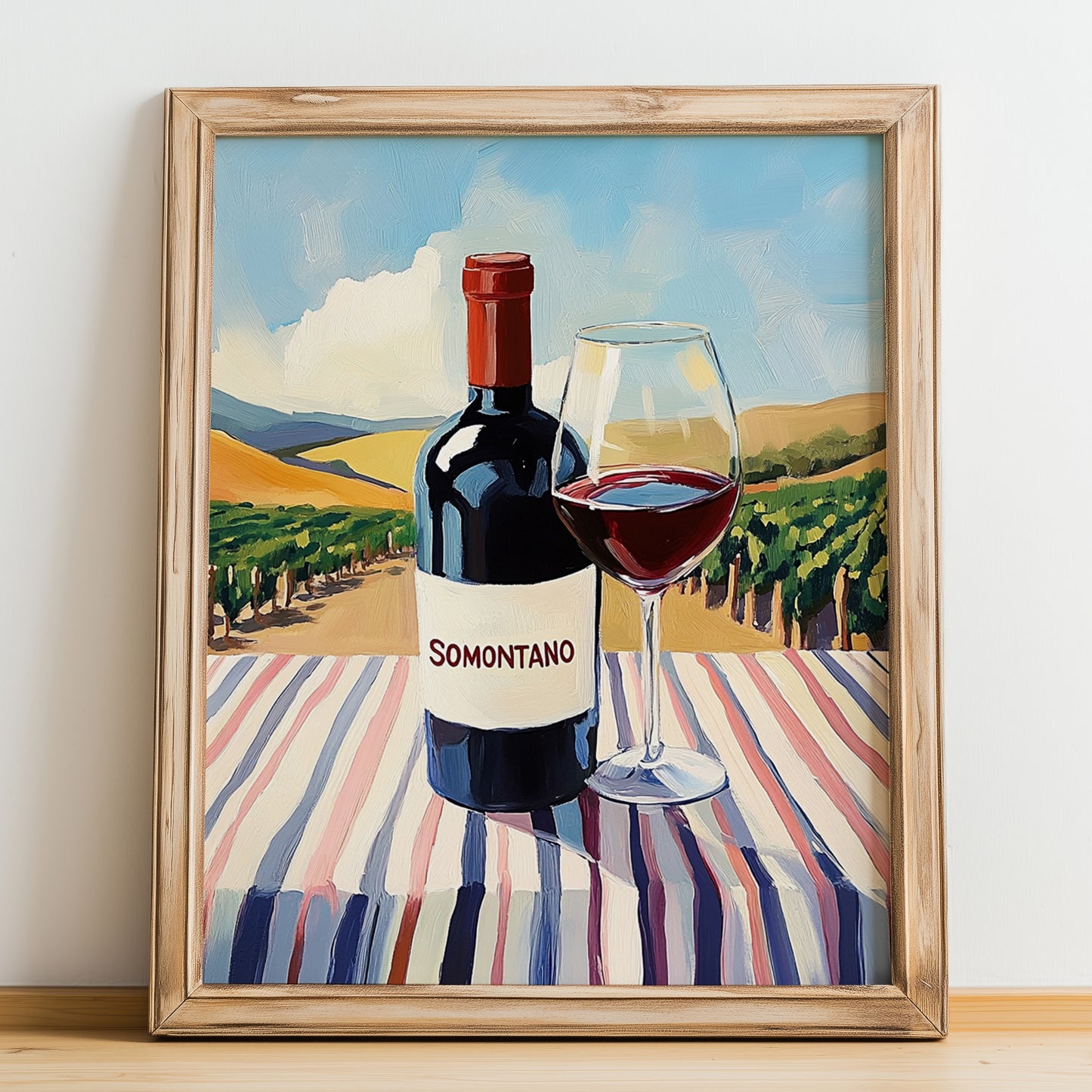 Somontano – Spanish Red Wine, Vineyard Terrace Poster, no-text version framed in wood