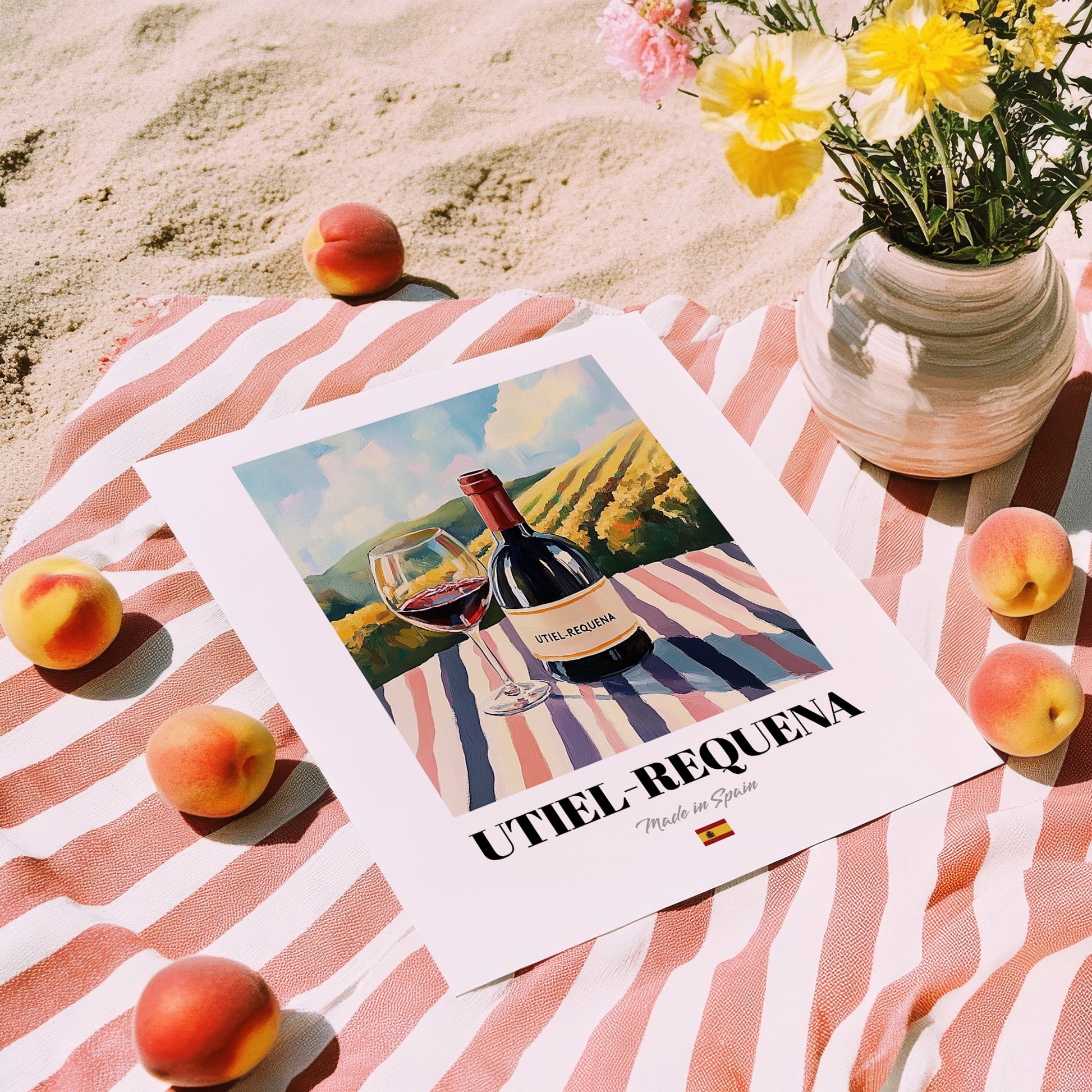 Utiel-Requena – Spanish Red Wine, Wine Bar Still Life, unframed on coastal sand