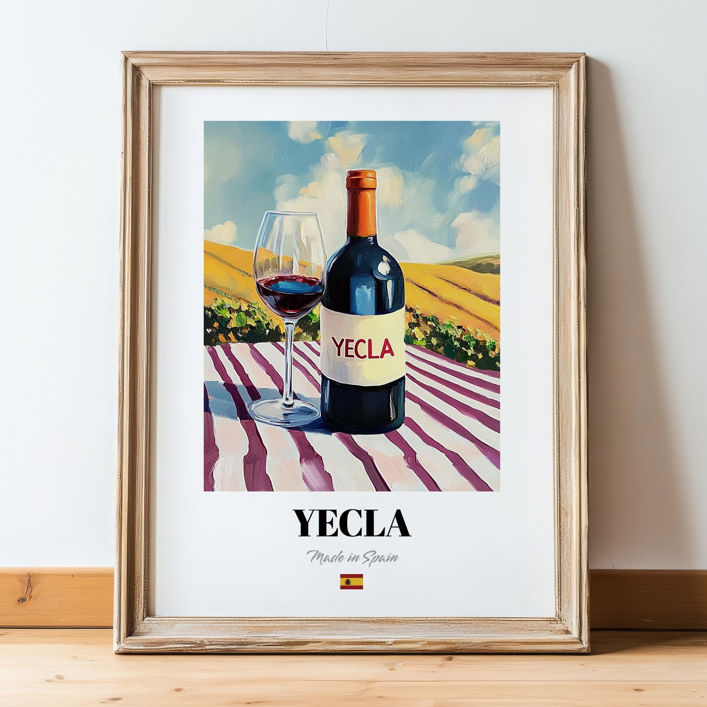 Yecla – Spanish Red Wine, Tasting Room Painting, in wooden frame leaning on the floor