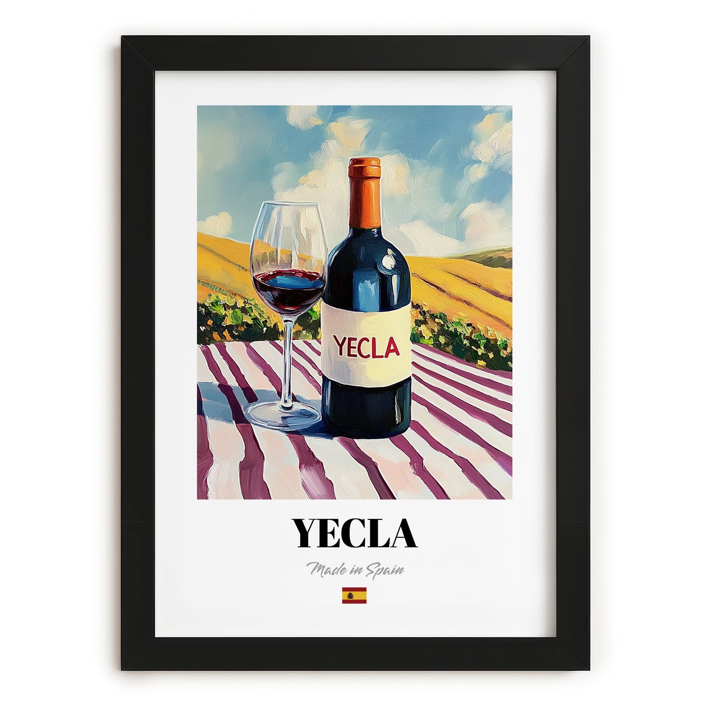 Yecla – Spanish Red Wine, Tasting Room Painting, in sleek black frame