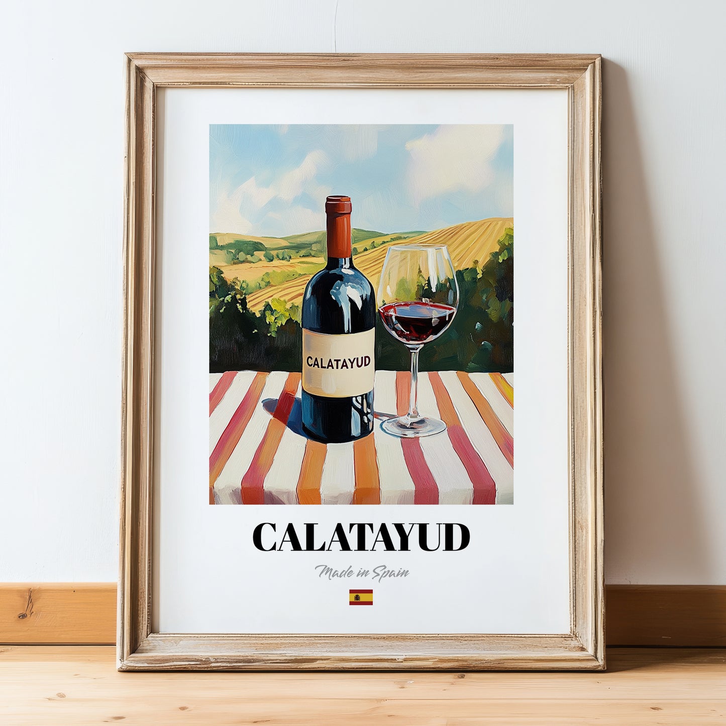 Calatayud – Spanish Red Wine, Vineyard Terrace Poster, in wooden frame leaning on the floor