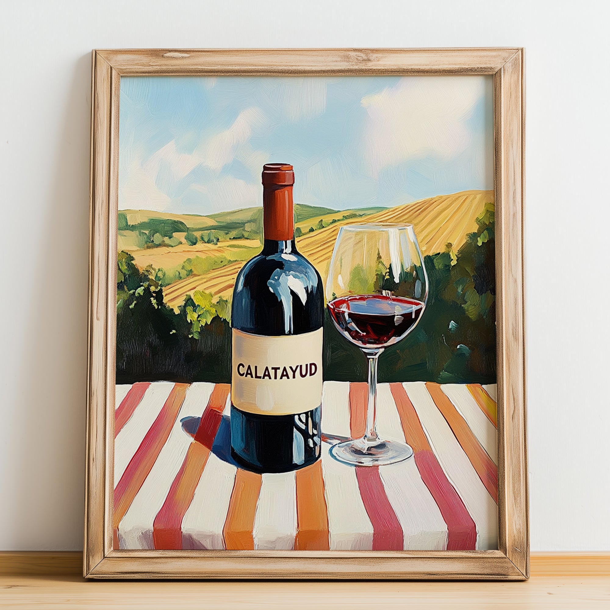 Calatayud – Spanish Red Wine, Vineyard Terrace Poster, no-text version framed in wood