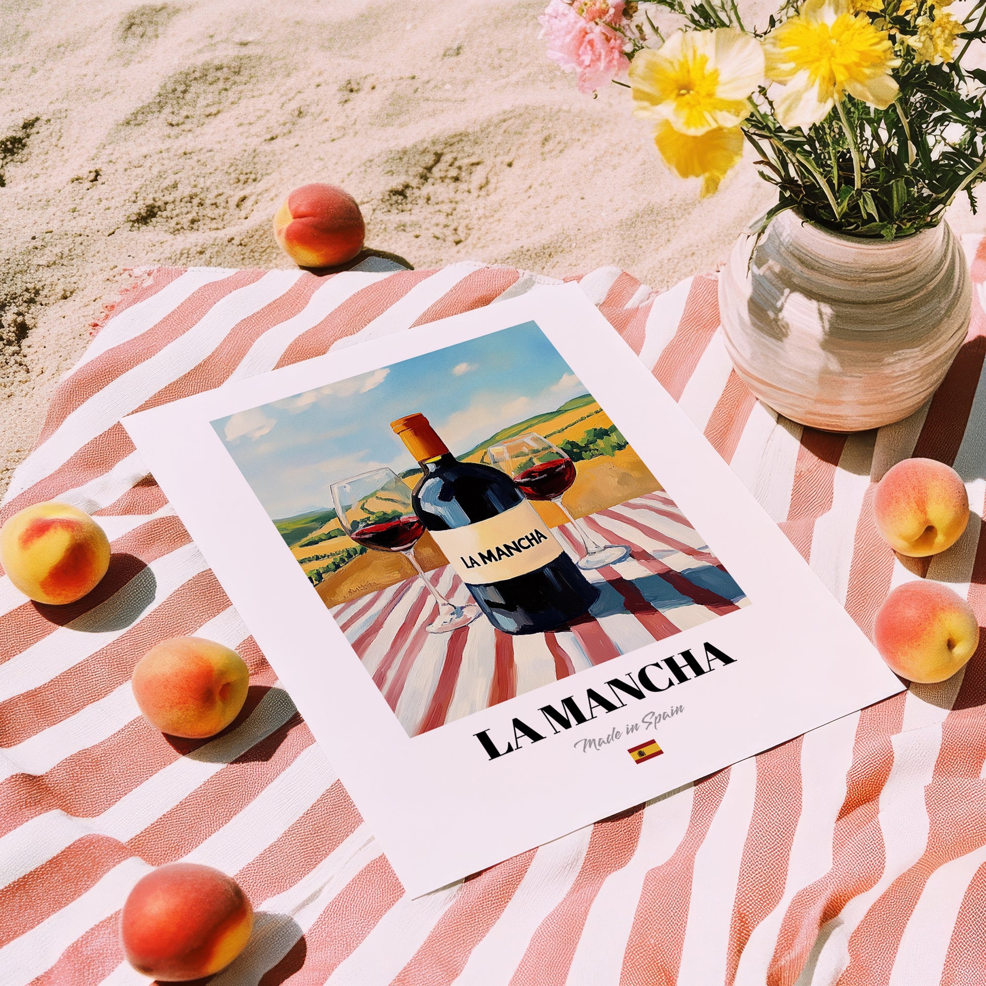 La Mancha – Spanish Red Wine, Wine Bar Poster, unframed on coastal sand