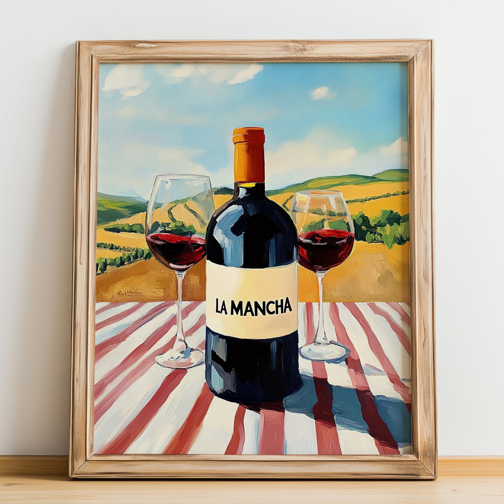 La Mancha – Spanish Red Wine, Wine Bar Poster, no-text version framed in wood