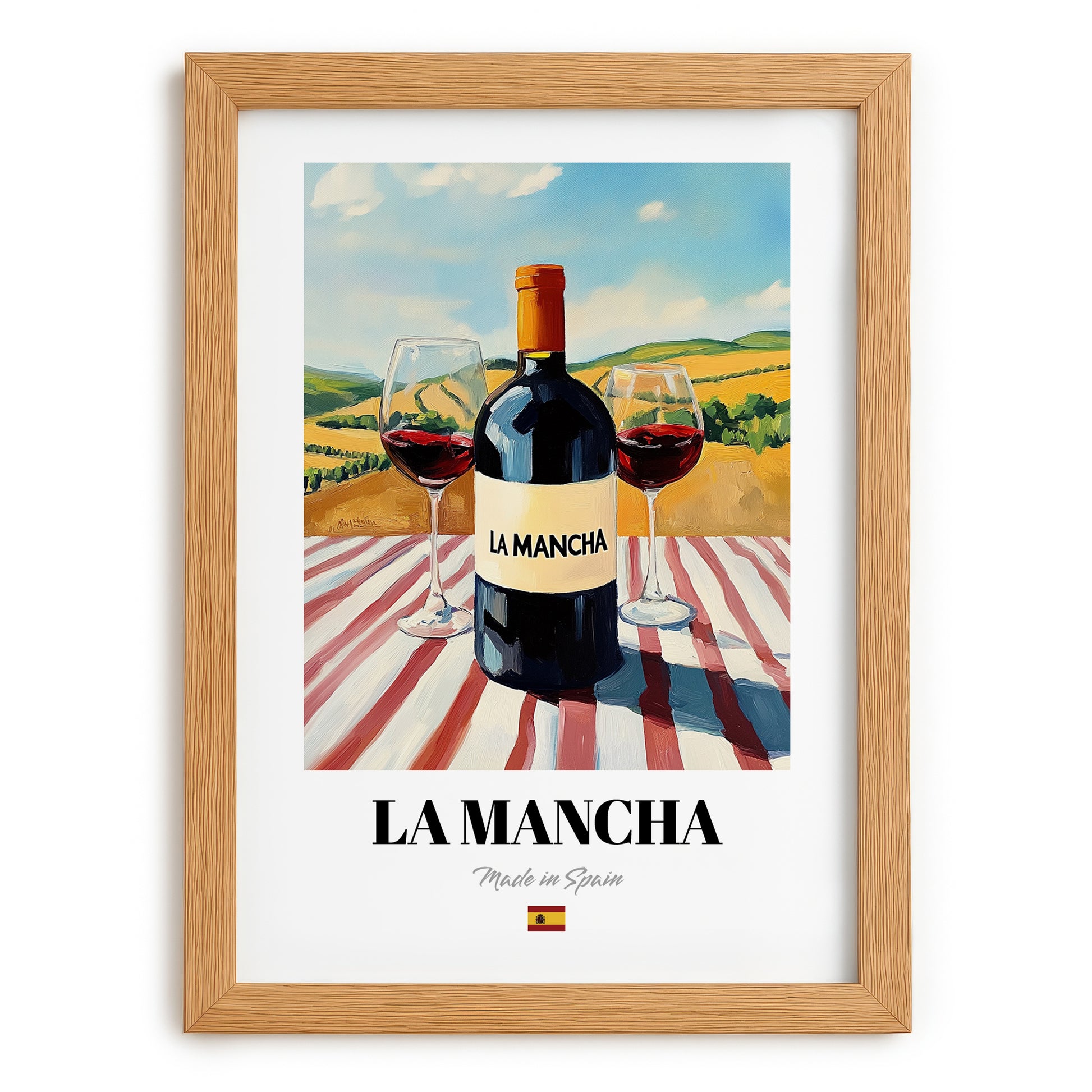 La Mancha – Spanish Red Wine, Wine Bar Poster, set in oak frame