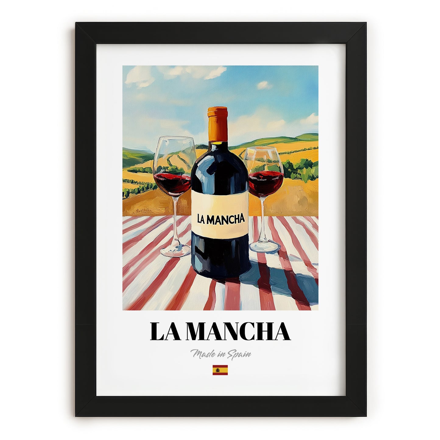 La Mancha – Spanish Red Wine, Wine Bar Poster, in sleek black frame
