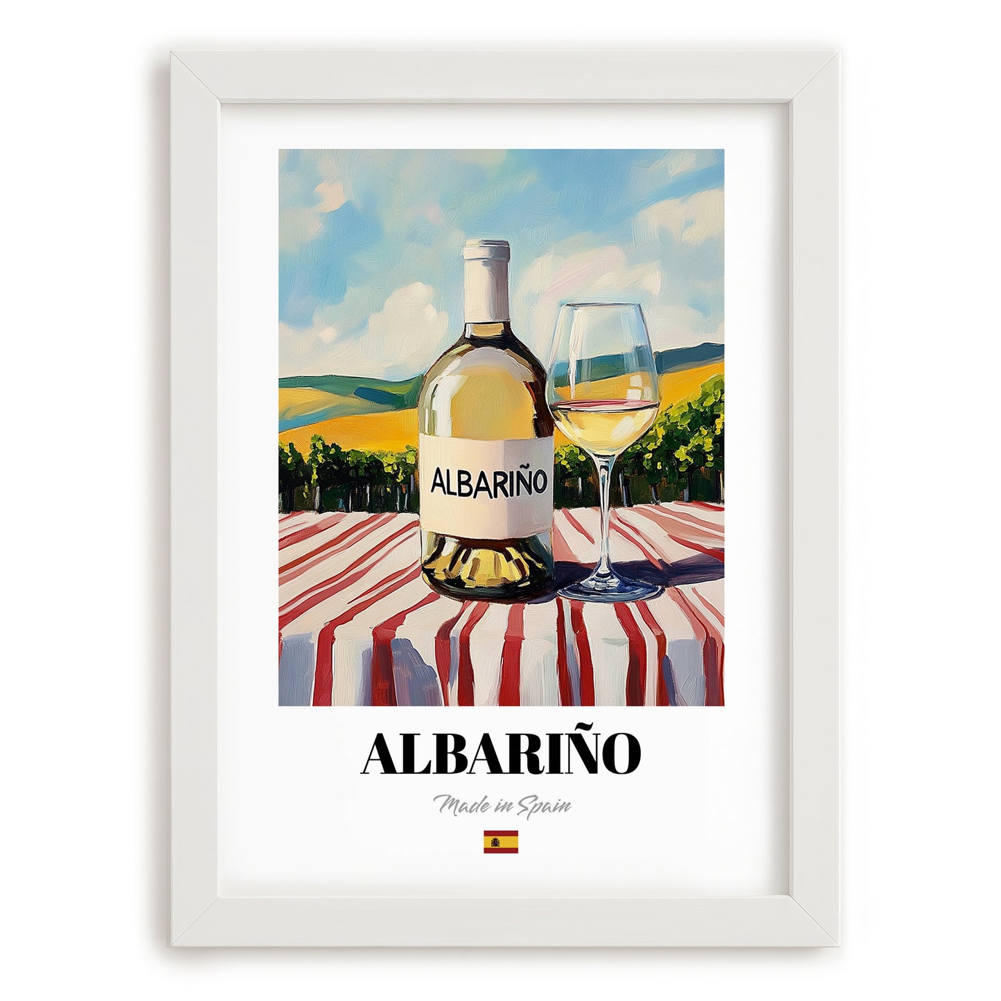 Albariño – Spanish White Wine, Vineyard Terrace Art, placed in minimal white frame