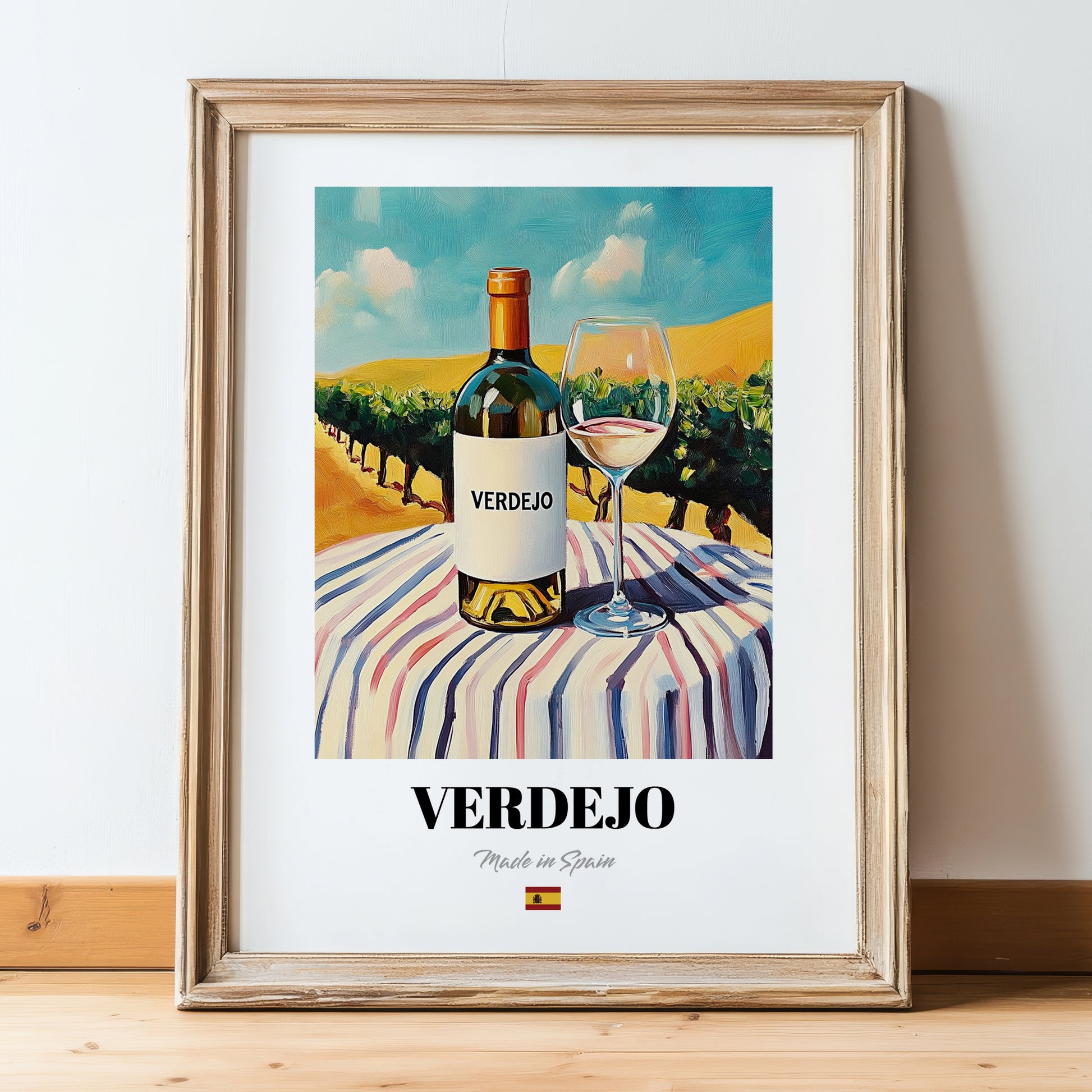 Verdejo – Spanish White Wine, Bodega Poster, in wooden frame leaning on the floor