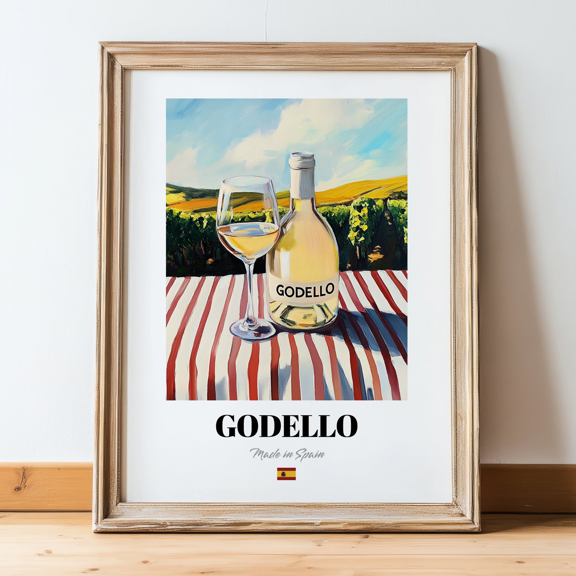 Godello – Spanish White Wine, Tasting Room Wall Art, in wooden frame leaning on the floor