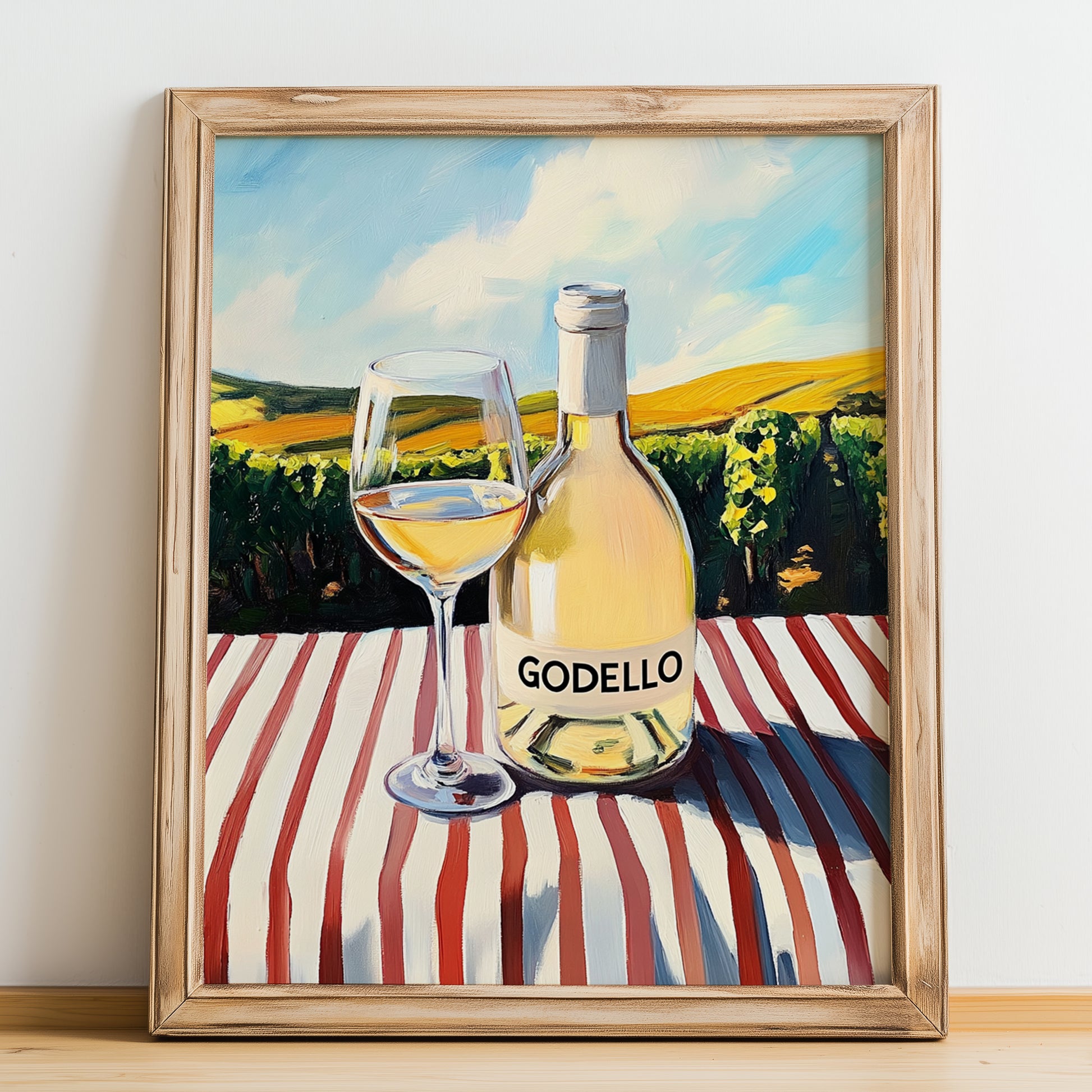 Godello – Spanish White Wine, Tasting Room Wall Art, no-text version framed in wood