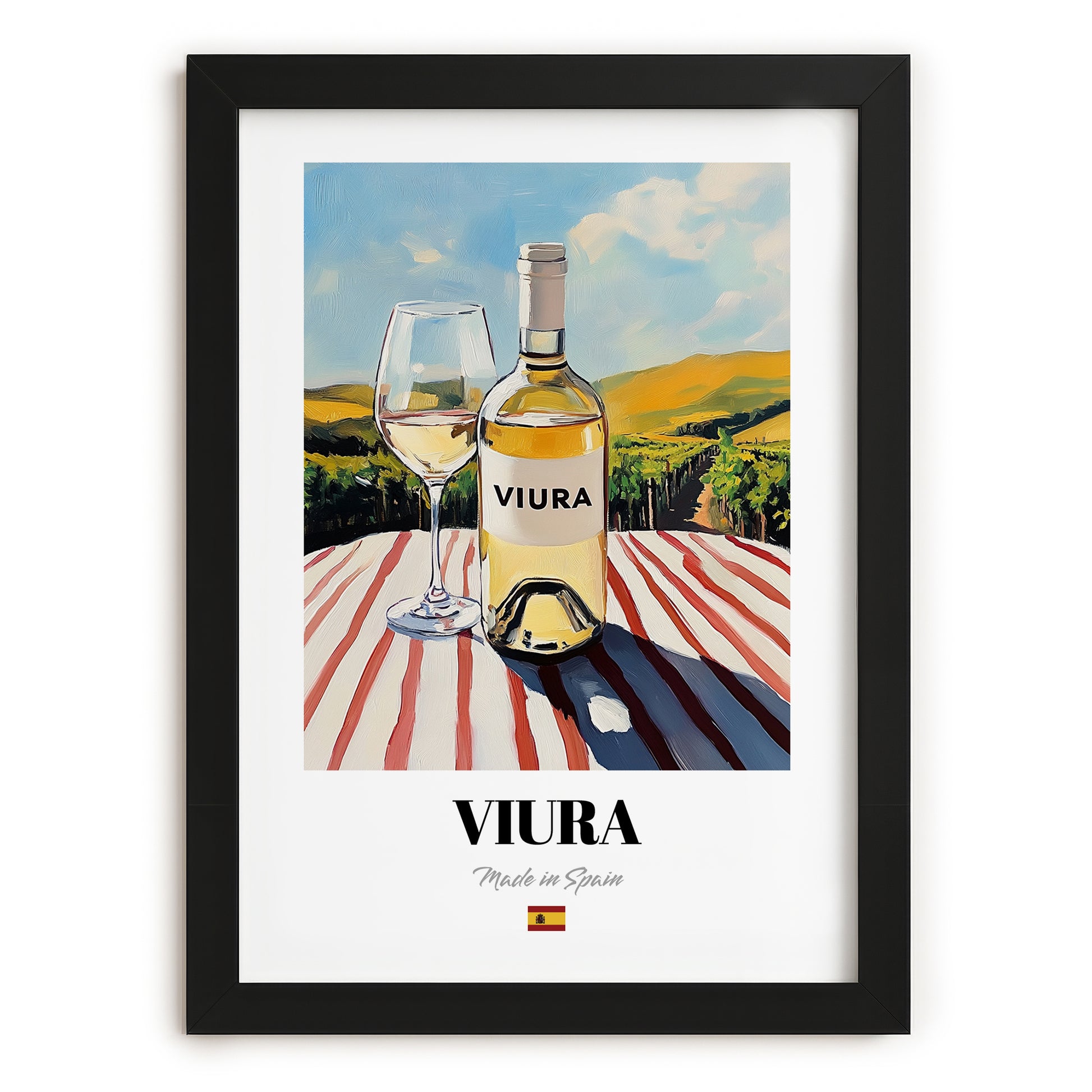 Viura – Spanish White Wine, Vinoteca Illustration, in sleek black frame
