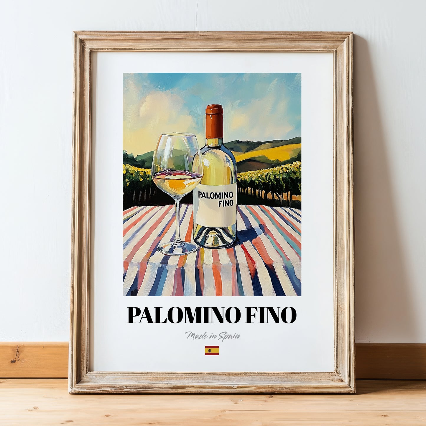 Palomino Fino – Spanish White Wine, Wine Bar Print, in wooden frame leaning on the floor